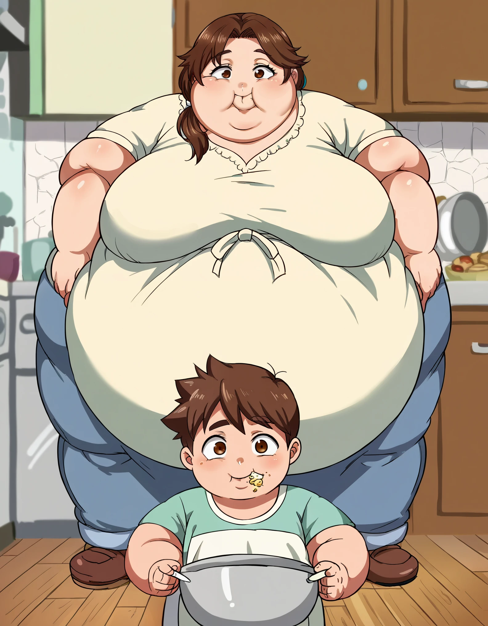 score_8_up, source_anime, anime screencap, 1mature_female, fat, chubby, obese, brown hair, brown eyes, low ponytail, smile, 1boy, Shota, kitchen, eating 