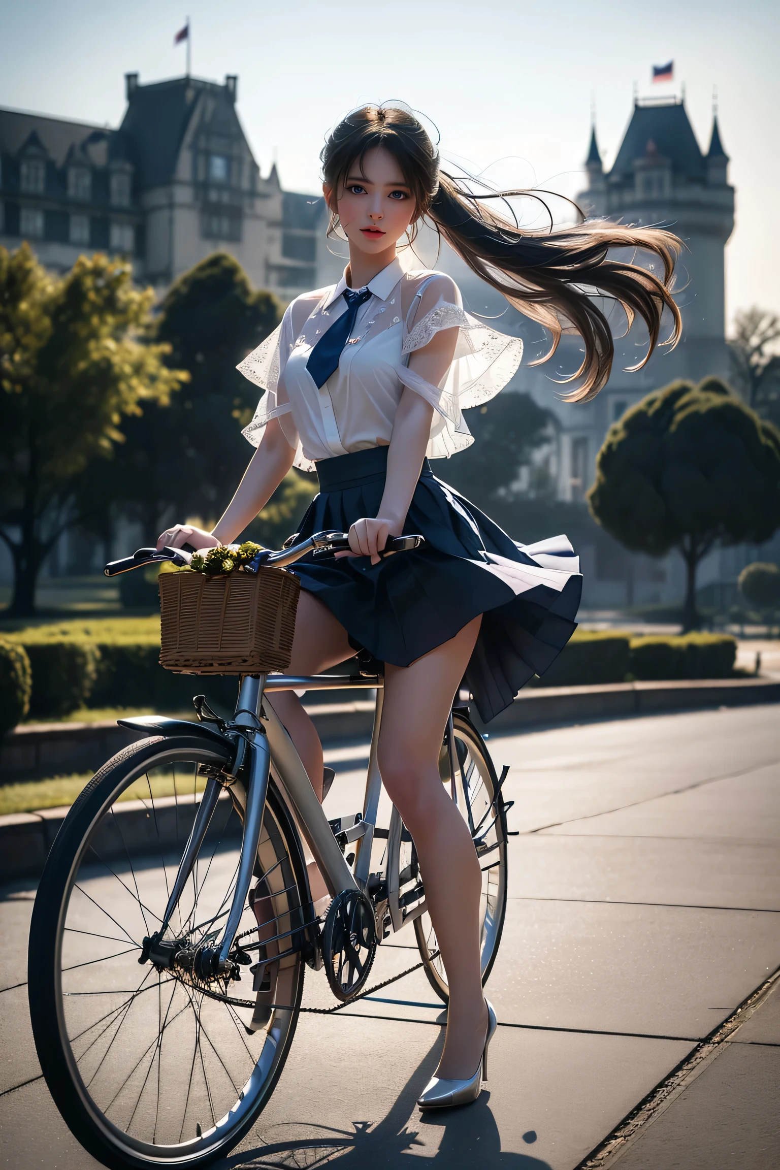 (( girl riding an antique and simple bicycle in a lakeside park))、Fluorescent color、 one girl 、Look to the side、Beautiful Face、 beautiful eyes、(Big Blue Eyes)、( Silver Dull Eyes ) (Her body lines are clear due to strong winds ）、Shiny Hair、Glowing Skin、Glare Reduction 、 Finger Proportion Adjustment 、Escrow、Bat View、（silhouette）、 dynamic angles 、Master Parts、（Best Quality クオリティ）、（Super detailed）、（Illustration）、（Detailed light）、（ very delicate and beautiful）、 Dramatic Shadows 、(Riding a bicycle)、reflection、超 Kampala、（Master Parts）、（Super detailed）、（Illustration）、（Detailed light）、（ very delicate and beautiful）、 Dramatic Shadows 、 ray tracing、reflection、超 Kampala  Kampala、（Master Parts）、（Best Quality）、（Ultra HD）、 Kampala、（ Colorful Hair and Mesh ）、( hair fluttering in the wind)、（big、 Blue Eyes）、Silver Hair、Hair woman、Sparkling butterfly、 Sparkling Petals 、黒Hair woman、Point of Light。Magical Aura、Green dot、The true nature of aura、Magical Aura黒Hair woman、(( white blouse、Red tie、navy blue check flared miniskirt：1. 3）、（ Skirt Flutters in the Wind ）、（(Riding a bicycle)）（Petals are dancing）、（ White Panties Visible ）、（ Full Body Shot ）、slim、（Long legs）、（High heels）、(A girl riding an antique bicycle in the lakeside park with a hazy European castle in the background )