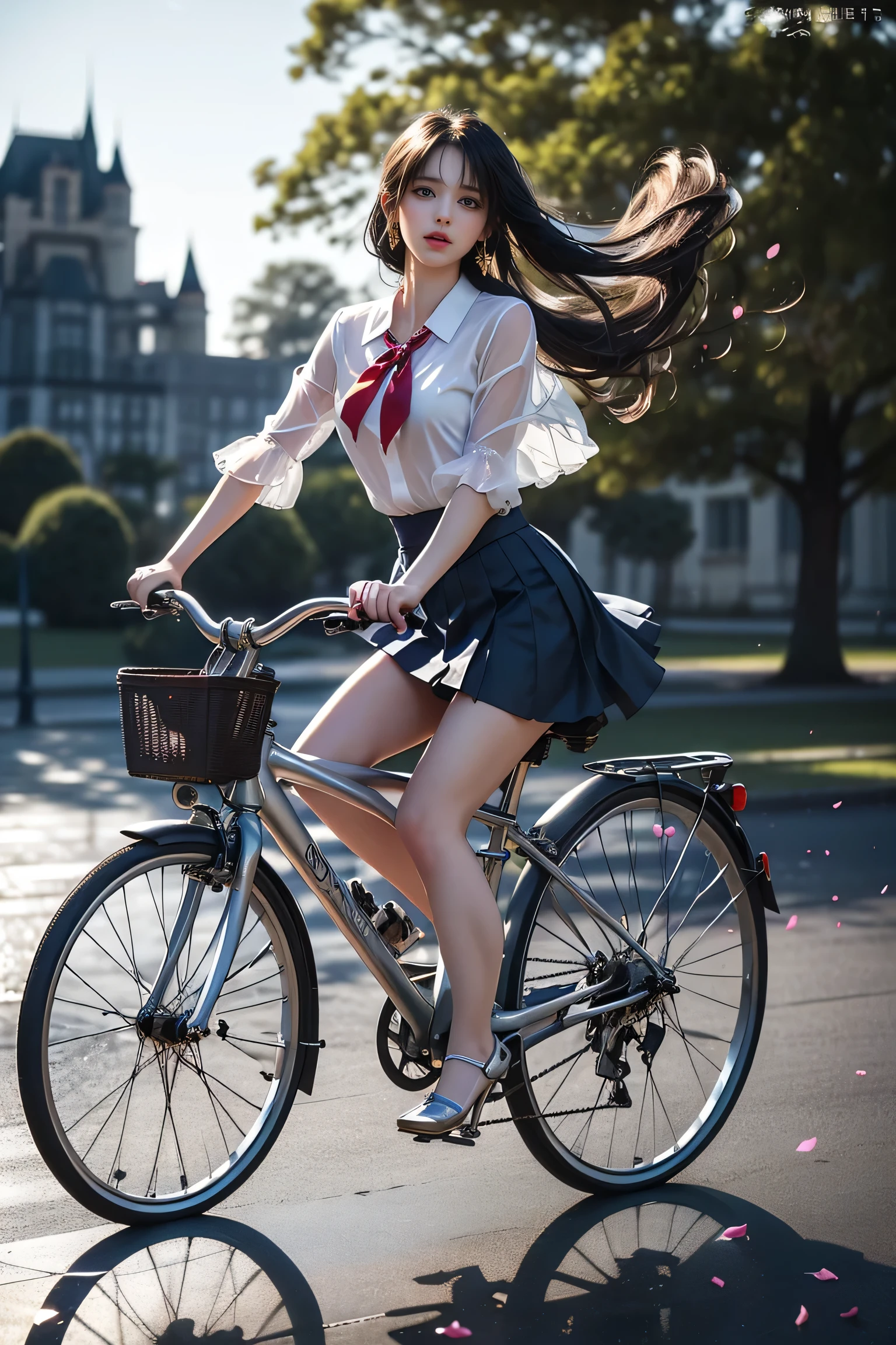 (( girl riding an antique and simple bicycle in a lakeside park))、Fluorescent color、 one girl 、Look to the side、Beautiful Face、 beautiful eyes、(Big Blue Eyes)、( Silver Dull Eyes ) (Her body lines are clear due to strong winds ）、Shiny Hair、Glowing Skin、Glare Reduction 、 Finger Proportion Adjustment 、Escrow、Bat View、（silhouette）、 dynamic angles 、Master Parts、（Best Quality クオリティ）、（Super detailed）、（Illustration）、（Detailed light）、（ very delicate and beautiful）、 Dramatic Shadows 、(Riding a bicycle)、reflection、超 Kampala、（Master Parts）、（Super detailed）、（Illustration）、（Detailed light）、（ very delicate and beautiful）、 Dramatic Shadows 、 ray tracing、reflection、超 Kampala  Kampala、（Master Parts）、（Best Quality）、（Ultra HD）、 Kampala、（ Colorful Hair and Mesh ）、( hair fluttering in the wind)、（big、 Blue Eyes）、Silver Hair、Hair woman、Sparkling butterfly、 Sparkling Petals 、黒Hair woman、Point of Light。Magical Aura、Green dot、The true nature of aura、Magical Aura黒Hair woman、(( white blouse、Red tie、navy blue check flared miniskirt：1. 3）、（ Skirt Flutters in the Wind ）、（(Riding a bicycle)）（Petals are dancing）、（ White Panties Visible ）、（ Full Body Shot ）、slim、（Long legs）、（High heels）、(A girl riding an antique bicycle in the lakeside park with a hazy European castle in the background )