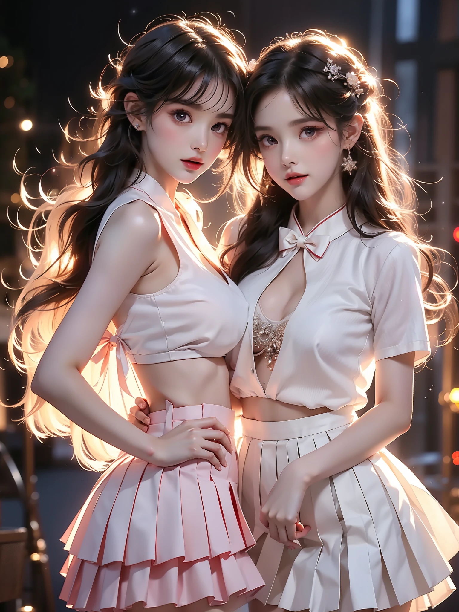 origin
school uniform,red bow,white shirt,pleated skirt ((full body)), (Asian beauty: 1.3), girl, solo,  ((Pleated skirt, very short hemline)), (toned body: 1.2), (naturally large breasts: 1.1), (visible cleavage: 0.8), (smooth flawless skin: 1.2), (perfect anatomical proportions: 1.3), (anatomically correct legs: 1.3), (elegantly long legs: 1.3), 1.1) Hands gently lift the skirt, (detailed features: 1.2), (big bright eyes: 1.1), (long eyelashes: 1.1), charming smile, gentle and confident expression, Head slightly tilted, long flowing hair, (night scene: 1.1), (starry sky: 1.0), (space background: 0.9), (professional soft light: 1.2), (warm tone: 1.1), (Masterpiece: 1.4), (Super Detail: 1.3), (Sharp focus: 1.2), (Realistic: 1.2), (Hi-Fi: 1.1)