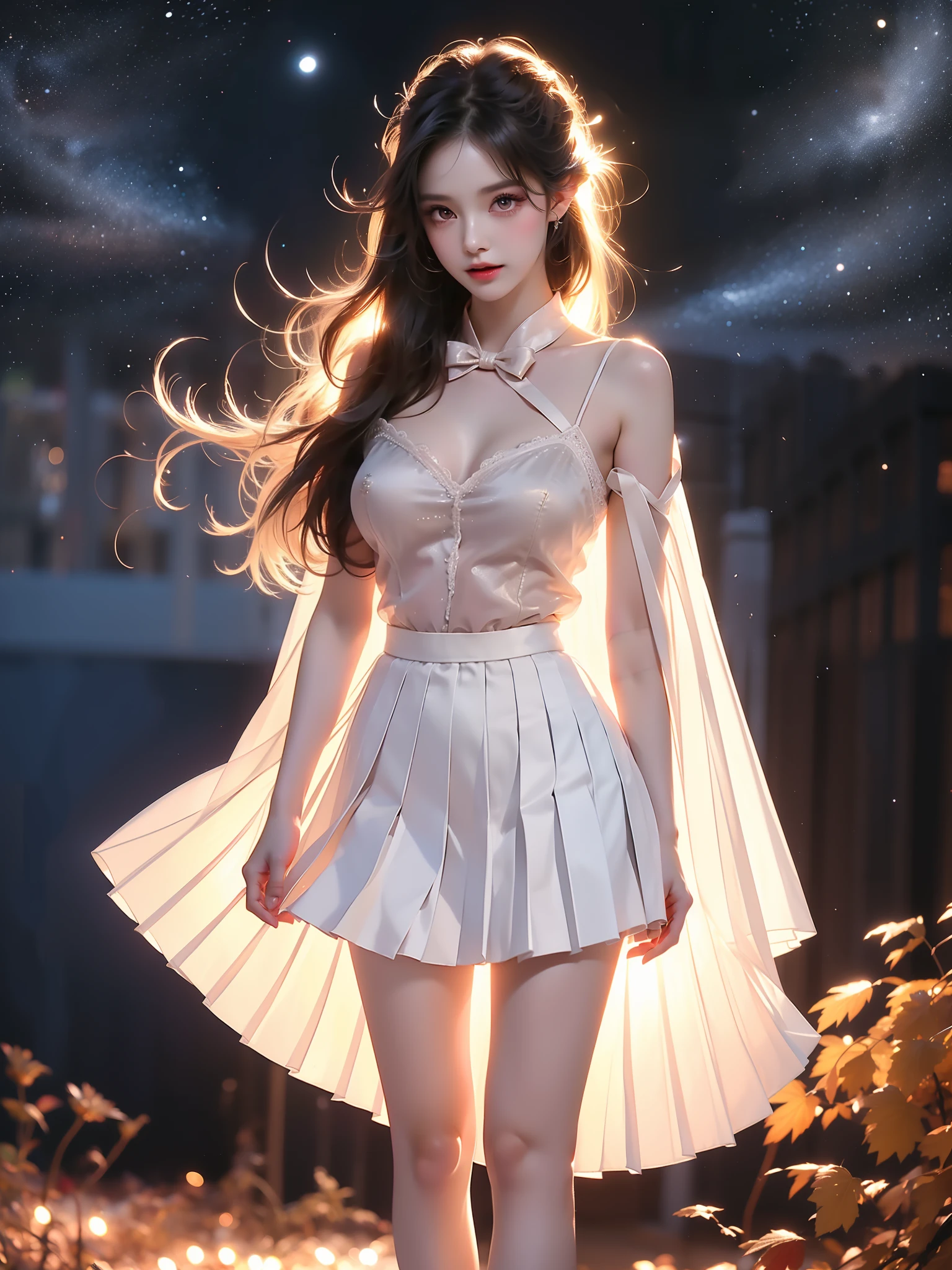 origin
school uniform,red bow,white shirt,pleated skirt ((full body)), (Asian beauty: 1.3), girl, solo,  ((Pleated skirt, very short hemline)), (toned body: 1.2), (naturally large breasts: 1.1), (visible cleavage: 0.8), (smooth flawless skin: 1.2), (perfect anatomical proportions: 1.3), (anatomically correct legs: 1.3), (elegantly long legs: 1.3), 1.1) Hands gently lift the skirt, (detailed features: 1.2), (big bright eyes: 1.1), (long eyelashes: 1.1), charming smile, gentle and confident expression, Head slightly tilted, long flowing hair, (night scene: 1.1), (starry sky: 1.0), (space background: 0.9), (professional soft light: 1.2), (warm tone: 1.1), (Masterpiece: 1.4), (Super Detail: 1.3), (Sharp focus: 1.2), (Realistic: 1.2), (Hi-Fi: 1.1)