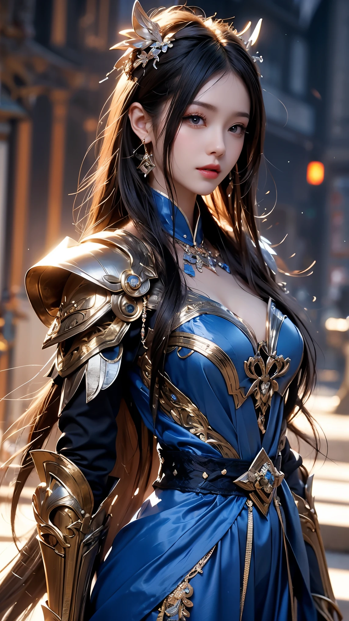  close-up of a woman in a silver and blue dress, Cheng Wei-Van from art station , Jan J,  Detailed Fantasy Art ,  Amazing Character Art ,  fanart best art  station ,  amazing exquisite character art , Beautiful Armor, Highly detailed art journal,  Detailed Digital Anime Art, Art germ Art Station Pixibu , Girl in Armor