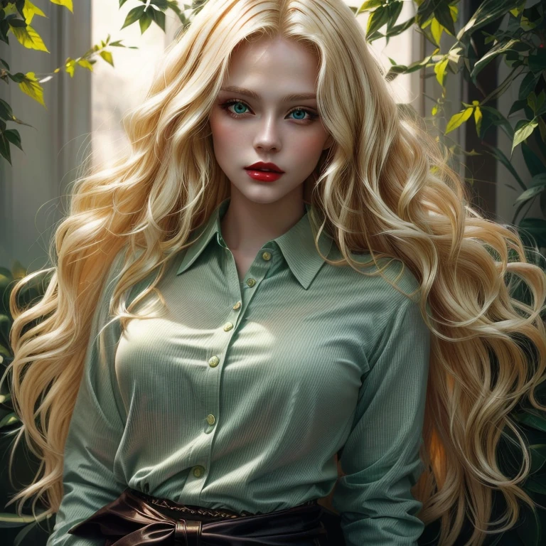 blond woman with red lips and a white shirt with i love psychoverde, blond hair green eyes, blonde swedish woman, wearing psychedelic wicca, sexy girl with green eyes, blonde woman, green shirt, in a dark green polo shirt, blonde women, blonde goddess, psycho, very very pale blond hair, ¯_(ツ)_/¯, sexy girl with long blonde hair photorealistic cinematic photography cinematic portrait cinematic lighting, portrait photography 