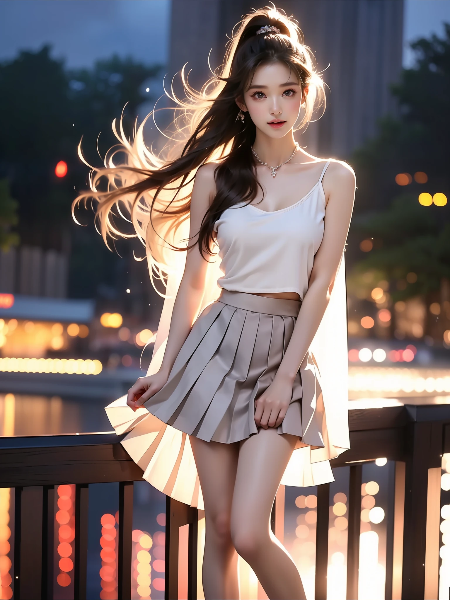 yoshinotomomi, 1girl, soro, long hair, brown hair, blue eyes, ponytail, high ponytail, medium breasts, ((full body)), (Asian beauty: 1.3), girl, solo, ((single bare shoulder)), ((Pleated skirt, very short hemline)), (toned body: 1.2), (naturally large breasts: 1.1), (visible cleavage: 0.8), (smooth flawless skin: 1.2), (perfect anatomical proportions: 1.3), (anatomically correct legs: 1.3), (elegantly long legs: 1.3), 1.1) Hands gently lift the skirt, (detailed features: 1.2), (big bright eyes: 1.1), (long eyelashes: 1.1), charming smile, gentle and confident expression, Head slightly tilted, long flowing hair, (night scene: 1.1), (starry sky: 1.0), (space background: 0.9), (professional soft light: 1.2), (warm tone: 1.1), (Masterpiece: 1.4), (Super Detail: 1.3), (Sharp focus: 1.2), (Realistic: 1.2), (Hi-Fi: 1.1)