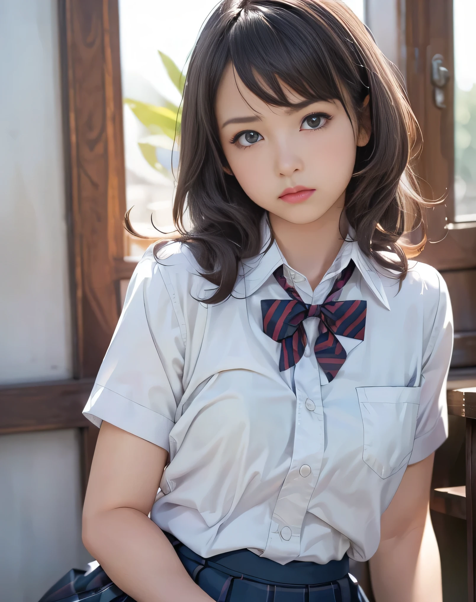 (Realistic:2.0),(High resolution:1.5),(Mastepiece),(1 girl:1.5),(solo:1.5),(looking at the viewer),Small face,(small Breasts),(school uniform),bob hair,bangs,(pleats skirt:1.2),(white shirt),(Short sleeve),(Detailed eyes),(Accurate eyes),(Wide eyes),(Sulk),Puff out cheeks,