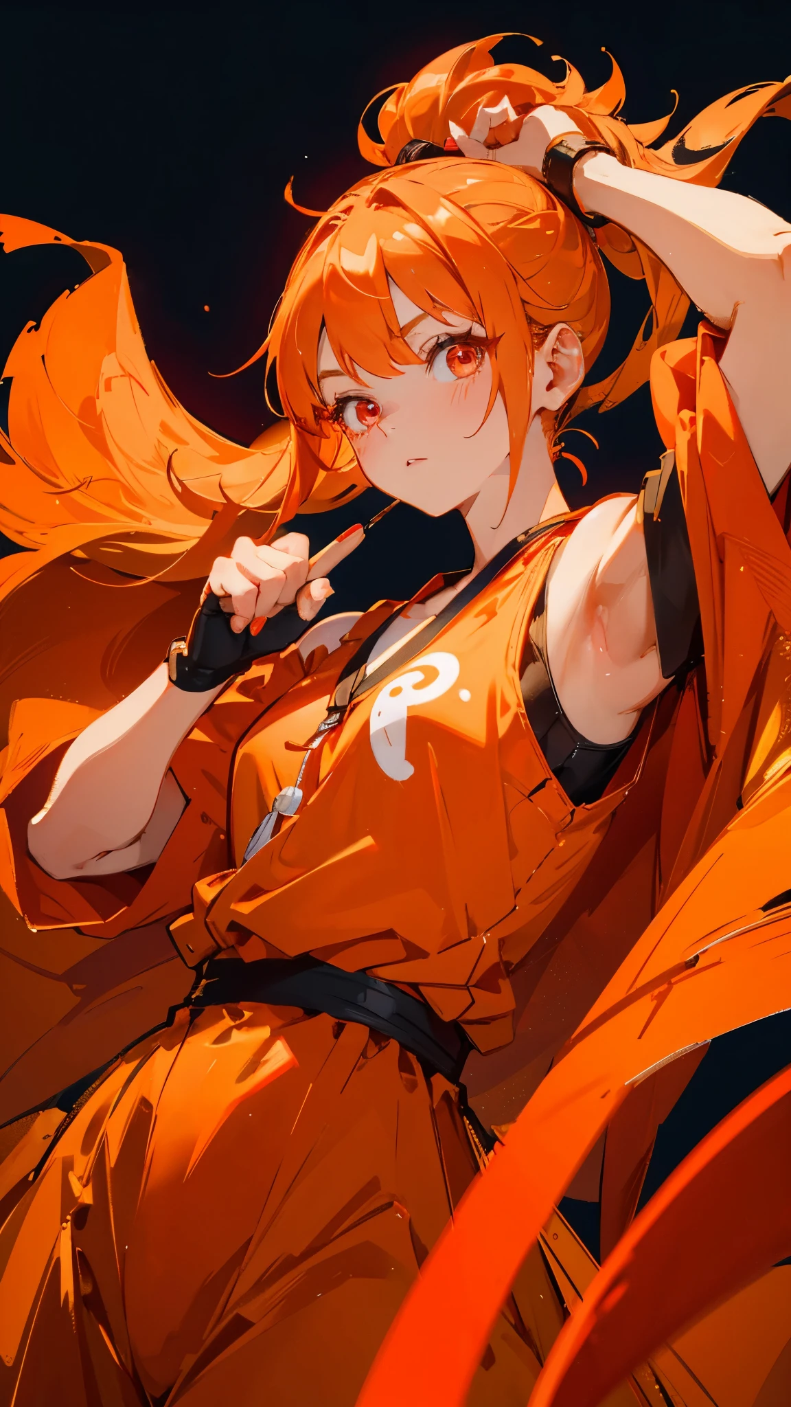  1 girl 、 orange clothes、 orange hair holding、 ponytail、 Red Eyes