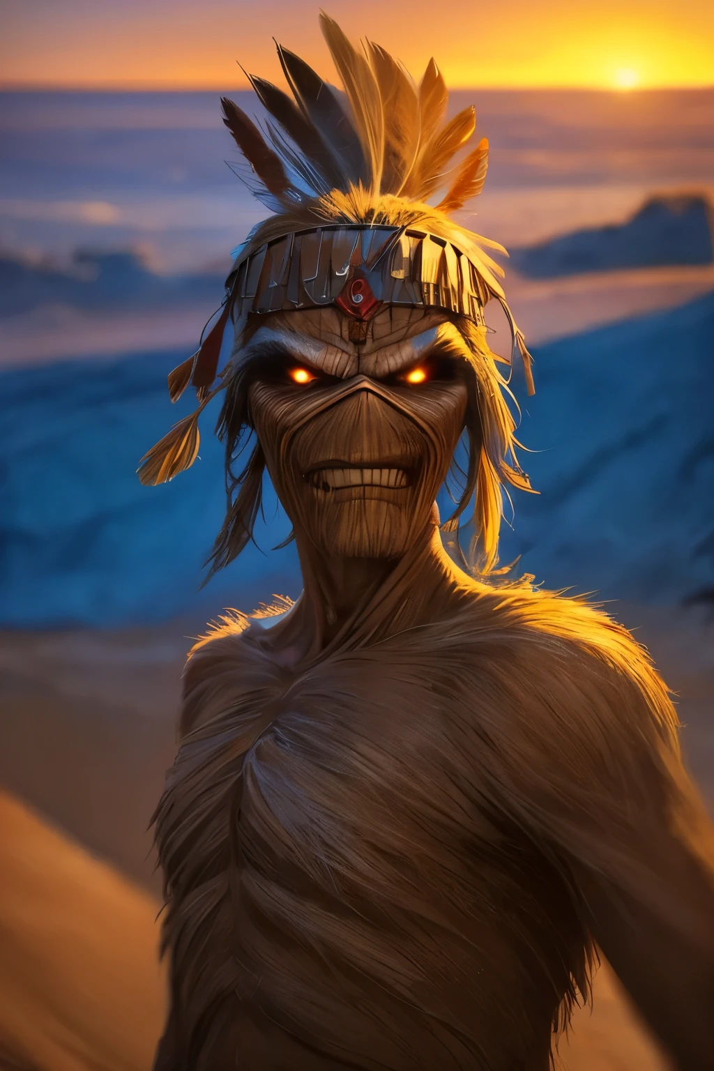 ((Upper Body portrait)) of Eddie in Dynamic Monster pose, the Iron Maiden mascot, in Dynamic scary pose, standing in a powerful stance.  A realistic, detailed depiction of Eddie as a Brazilian native, standing confidently in the middle of vast sand dunes. Eddie is dressed in traditional indigenous attire, adorned with feathers and natural elements, his skin sun-kissed under the strong, bright sunlight. The scene captures the contrast of the hot desert-like dunes and a calm beach in the distance. with Eddie embodying the strength and spirit of a native warrior. natural light, 35mm photograph, film, professional, 4k, highly detailed, Golden hour lighting. Depth of field F2. Rule of Thirds Composition.
