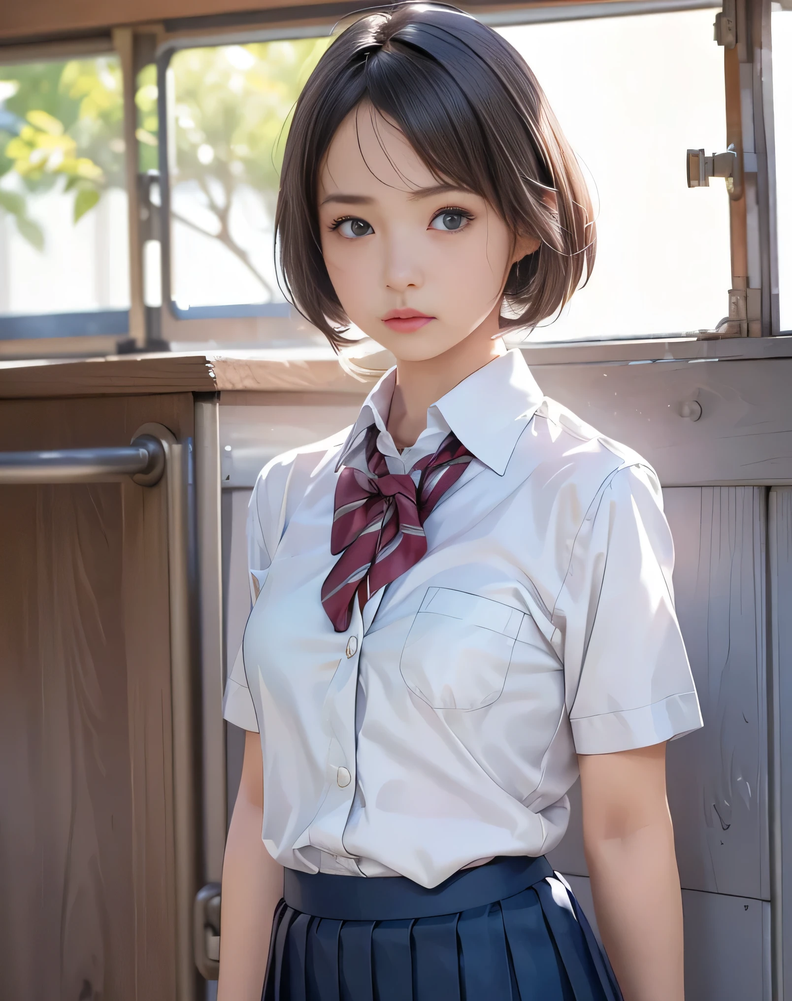(Realistic:2.0),(High resolution:1.5),(Mastepiece),(1 girl:1.5),(solo:1.5),(looking at the viewer),Small face,(small Breasts),(school uniform),bob hair,bangs,(pleats skirt:1.2),(white shirt),(Short sleeve),(Detailed eyes),(Accurate eyes),(Wide eyes),(Sulk),Puff out cheeks,