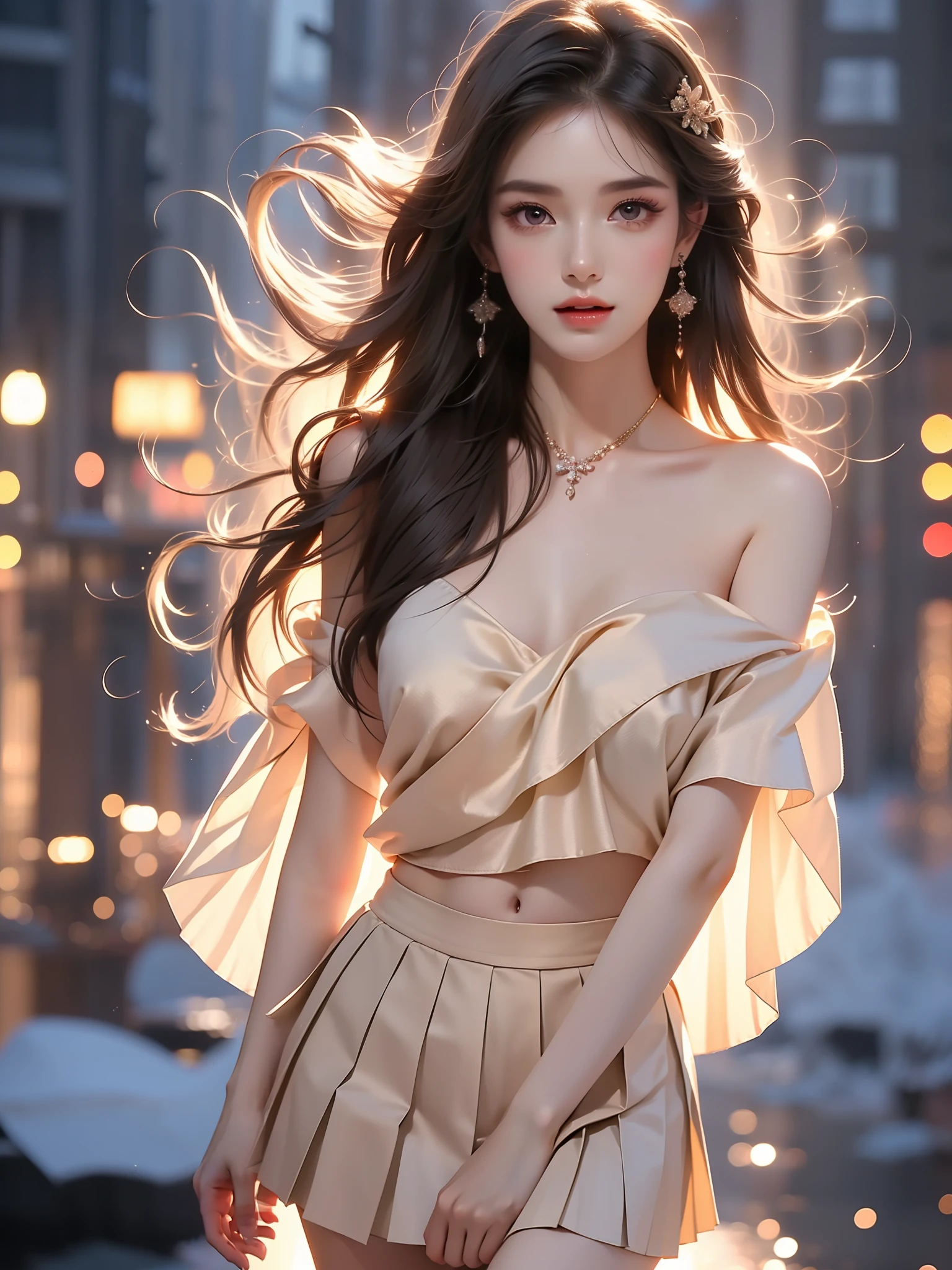 ((full body)), (Asian beauty: 1.3), girl, solo, ((single bare shoulder)), ((Pleated skirt, very short hemline)), (toned body: 1.2), (naturally large breasts: 1.1), (visible cleavage: 0.8), (smooth flawless skin: 1.2), (perfect anatomical proportions: 1.3), (anatomically correct legs: 1.3), (elegantly long legs: 1.3), 1.1) Hands gently lift the skirt, (detailed features: 1.2), (big bright eyes: 1.1), (long eyelashes: 1.1), charming smile, gentle and confident expression, Head slightly tilted, long flowing hair, (night scene: 1.1), (starry sky: 1.0), (space background: 0.9), (professional soft light: 1.2), (warm tone: 1.1), (Masterpiece: 1.4), (Super Detail: 1.3), (Sharp focus: 1.2), (Realistic: 1.2), (Hi-Fi: 1.1)