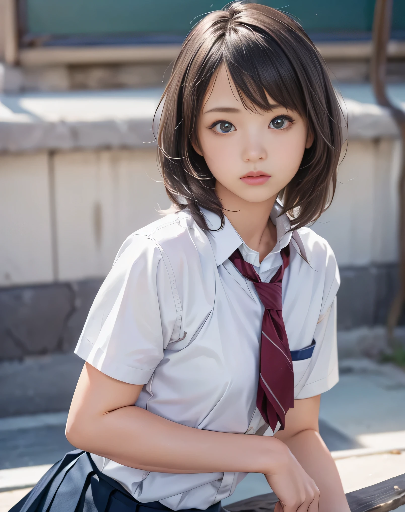 (Realistic:2.0),(High resolution:1.5),(Mastepiece),(1 girl:1.5),(solo:1.5),(looking at the viewer),Small face,(small Breasts),(school uniform),bob hair,bangs,(pleats skirt:1.2),(white shirt),(Short sleeve),(Detailed eyes),(Accurate eyes),(Wide eyes),(Sulk),Puff out cheeks,