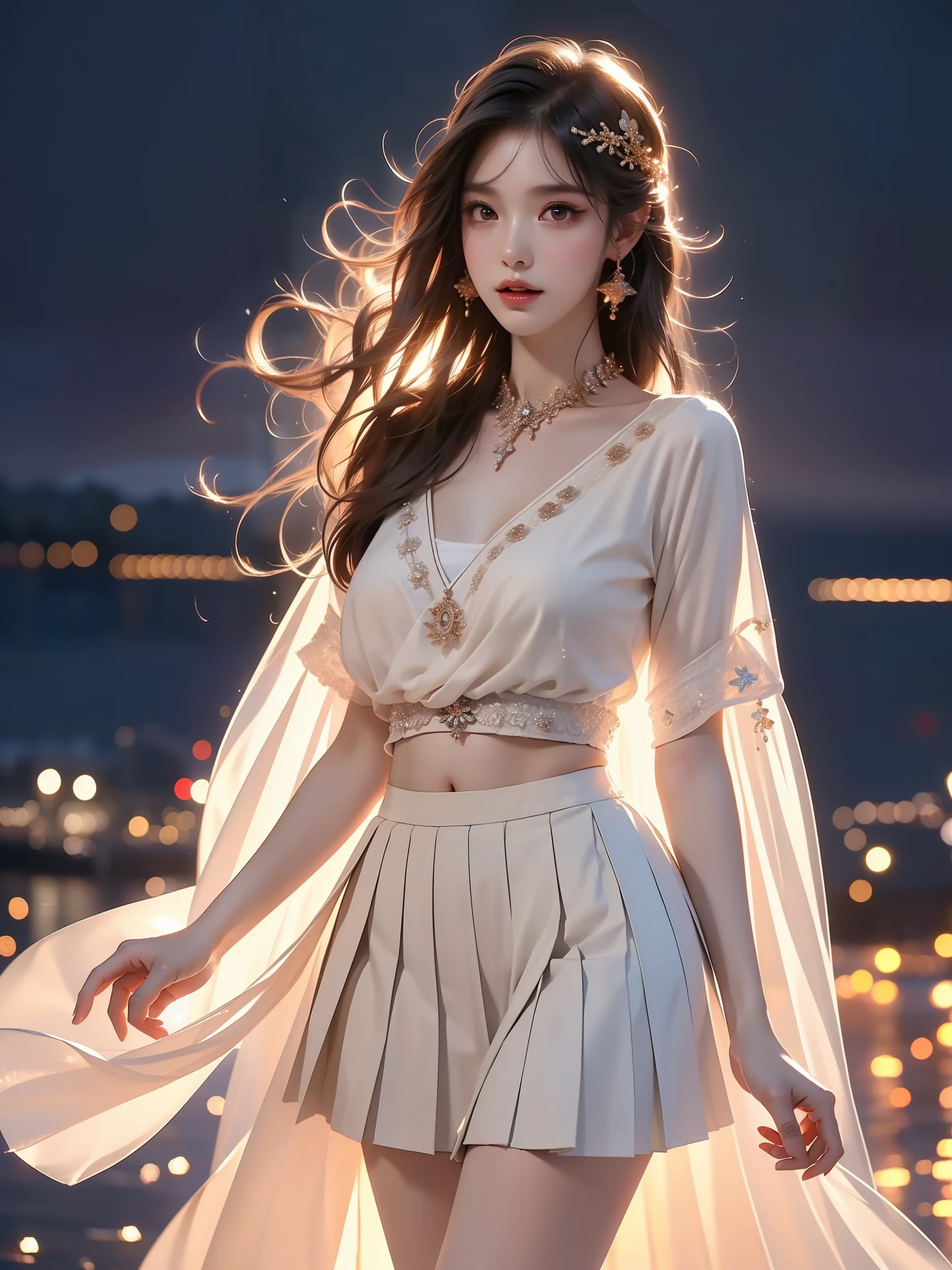 ((full body)), (Asian beauty: 1.3), girl, solo, ((Pleated skirt, very short hemline)), (toned body: 1.2), (naturally large breasts: 1.1), (visible cleavage: 0.8), (smooth flawless skin: 1.2), (perfect anatomical proportions: 1.3), (anatomically correct legs: 1.3), (elegantly long legs: 1.3), 1.1) Hands gently lift the skirt, (detailed features: 1.2), (big bright eyes: 1.1), (long eyelashes: 1.1), charming smile, gentle and confident expression, Head slightly tilted, long flowing hair, (night scene: 1.1), (starry sky: 1.0), (space background: 0.9), (professional soft light: 1.2), (warm tone: 1.1), (Masterpiece: 1.4), (Super Detail: 1.3), (Sharp focus: 1.2), (Realistic: 1.2), (Hi-Fi: 1.1)