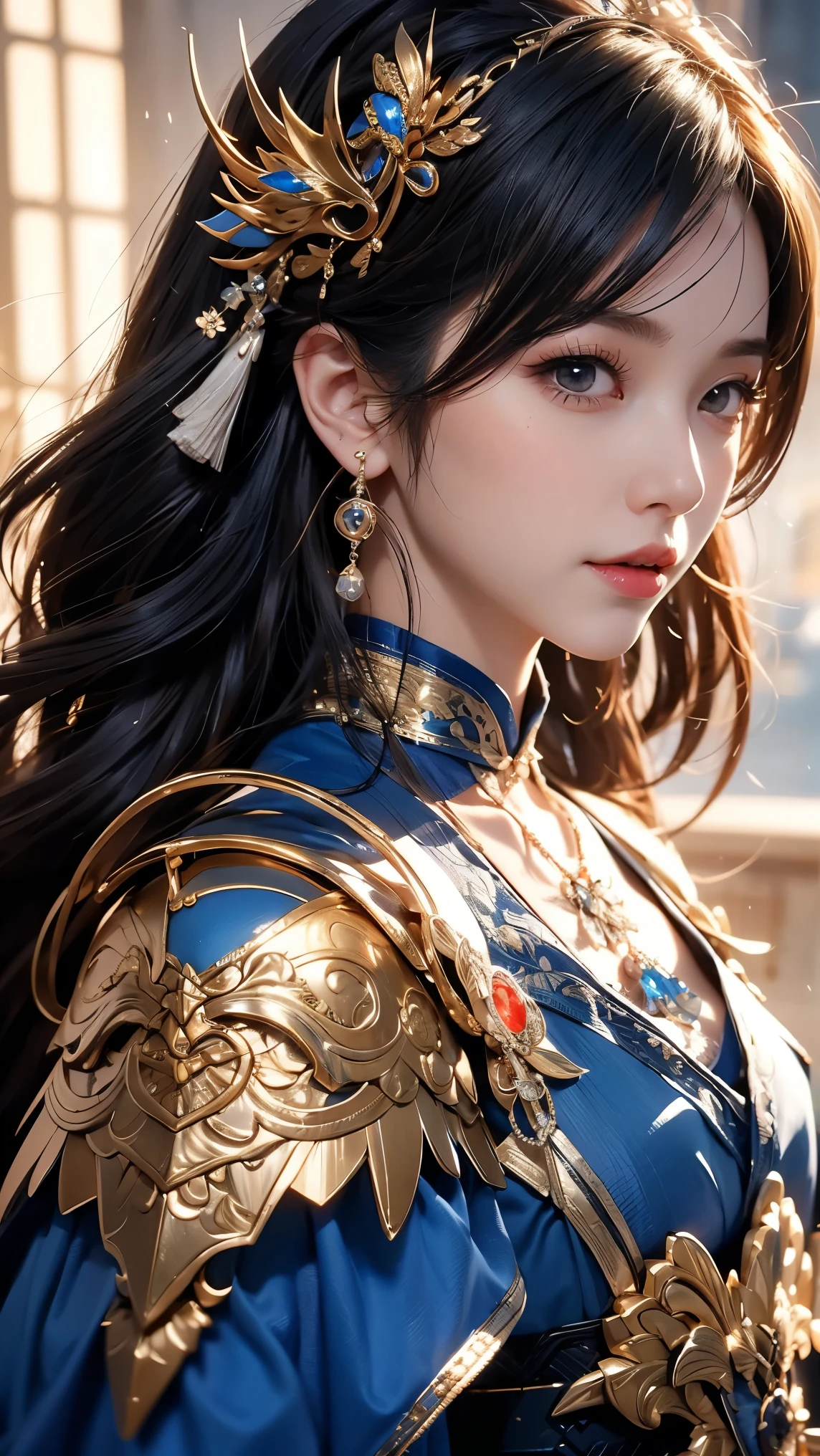  close-up of a woman in a silver and blue dress, Cheng Wei-Van from art station , Jan J,  Detailed Fantasy Art ,  Amazing Character Art ,  fanart best art  station ,  amazing exquisite character art , Beautiful Armor, Highly detailed art journal,  Detailed Digital Anime Art, Art germ Art Station Pixibu , Girl in Armor