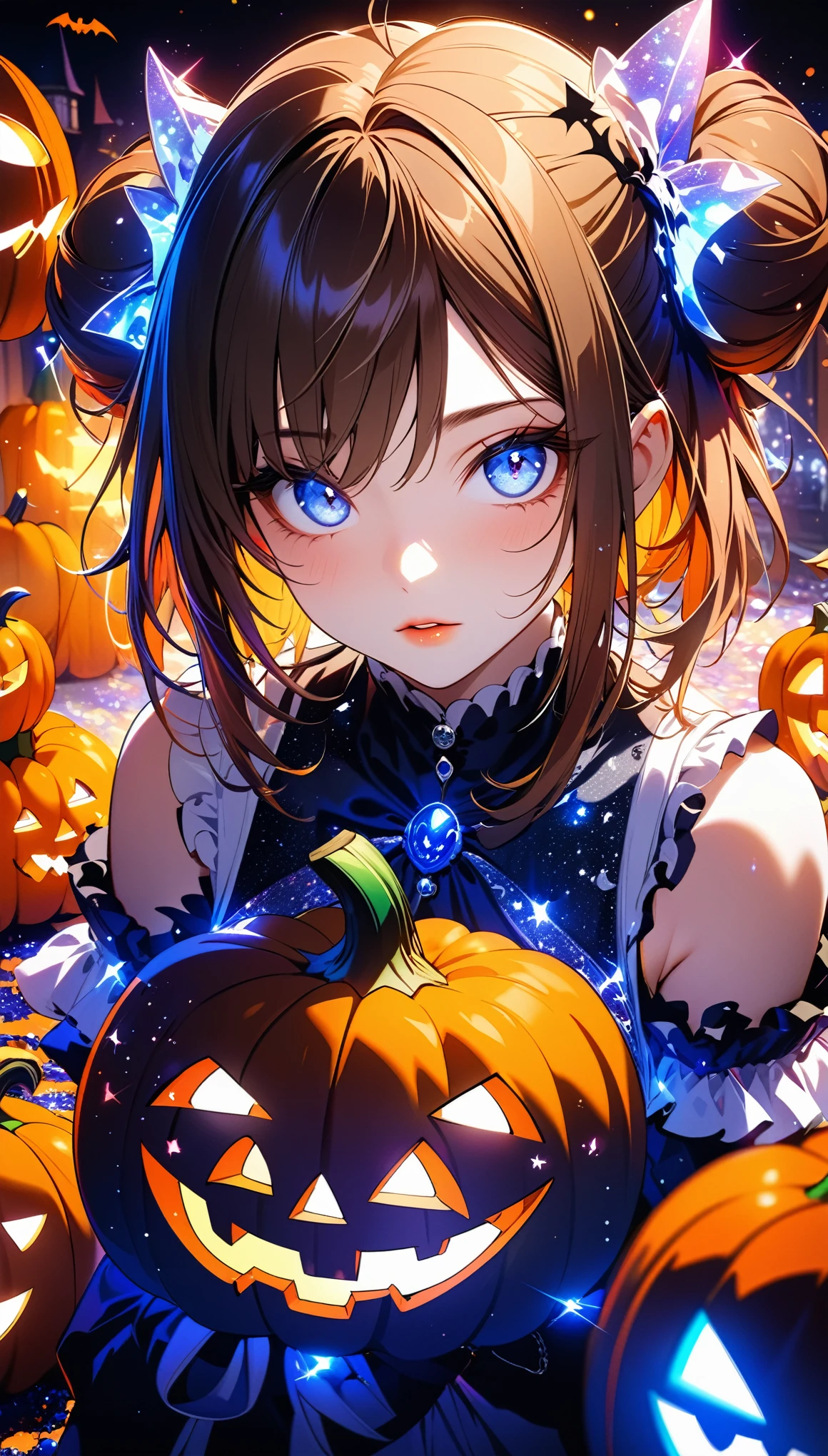 (beautiful girl:1.3),masterpiece,Please redeem,Ultra-high resolution,rich contrast,Very high quality,8k,Highly detailed CG unit wallpaper,Texture,So ridiculous,RAW Photos,Highest quality anime,Depth of written boundary 1.2,ultra-detailed eyes,Glowing Skin,Glitter Effect,Beautiful glossy lips,(double pumpkinbuns,Brown Hair),( Halloween ),Looks like she&#39;s about 15,ROUGH,big and round butt, fantastic,(from side:2.0),(smile, closed mouth),SDXL