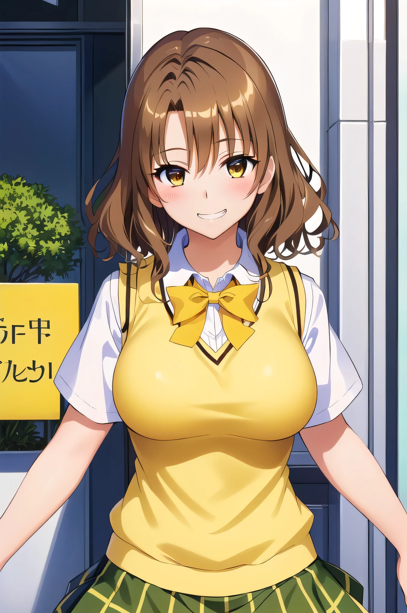  female anime images 、Anime Women、alone、Game CG flavor 、masterpiece、Best Quality、 Kampala 、Woman with short brown hair、Brown eyed woman、 Wave Hair 、Big Breasts、 very big breasts、Tall Woman、 clavicle 、 school uniform、 female high school students、Collared shirt、 white shirt 、Sweater vest、(Yellow vest:1.2)、Short sleeve、Green bow tie、 Plaid Skirt、 green skirt、 pleated skirt、White socks、 where the opening is 、A woman is standing、 cowboy shot 、Outdoor、 sexy vibe 、 perfect proportions、Grin、Female focus、looking at viewer、 don't mess around 、Enchanting Anime Women、Big Breasts!、Also、Naughty anime style、Naughty、 hyper realistic high school girl 、Big Breasts!!、