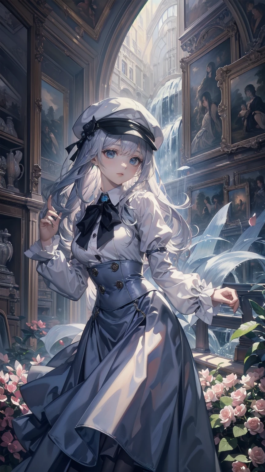 (masterpiece:1.2),(4K), high quality,   super high definition,(  perfect anatomy),( 1 girl),  It's a person  ,Silver long hair,  Beautiful Delicate Blue Eyes  ,  Faces smiling indoors   , Viewers,Long Sleeve Petal Collar Blouse  , White Newsboy Cap ,Tiered skirt,Unfairly Beautiful,Dreamy and romantic, Fantastic and Dreamy Theme ,  Mysterious Atmosphere  ,  Enchanting Dreams  ,   beautiful scenery   ,  Add dramatic and iconic elements to your scene,Near the waterfall