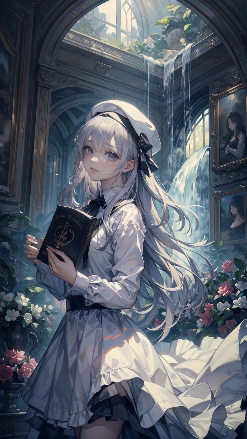 (masterpiece:1.2),(4K), high quality,   super high definition,(  perfect anatomy),( 1 girl),  It's a person  ,Silver long hair,  Beautiful Delicate Blue Eyes  ,  Faces smiling indoors   , Viewers,Long Sleeve Petal Collar Blouse  , White Newsboy Cap ,Tiered skirt,Unfairly Beautiful,Dreamy and romantic, Fantastic and Dreamy Theme ,  Mysterious Atmosphere  ,  Enchanting Dreams  ,   beautiful scenery   ,  Add dramatic and iconic elements to your scene,Near the waterfall