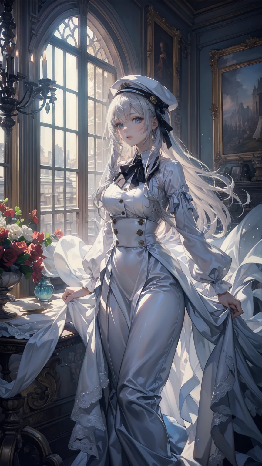 (masterpiece:1.2),(4K), high quality,   super high definition,(  perfect anatomy),( 1 girl),  It's a person  ,Silver long hair,  Beautiful Delicate Blue Eyes  ,  Faces smiling indoors   , Viewers,Long Sleeve Petal Collar Blouse  , White Newsboy Cap ,Tiered skirt,Unfairly Beautiful,Dreamy and romantic, Fantastic and Dreamy Theme ,  Mysterious Atmosphere  ,  Enchanting Dreams  ,   beautiful scenery   ,  Add dramatic and iconic elements to your scene,Near the waterfall