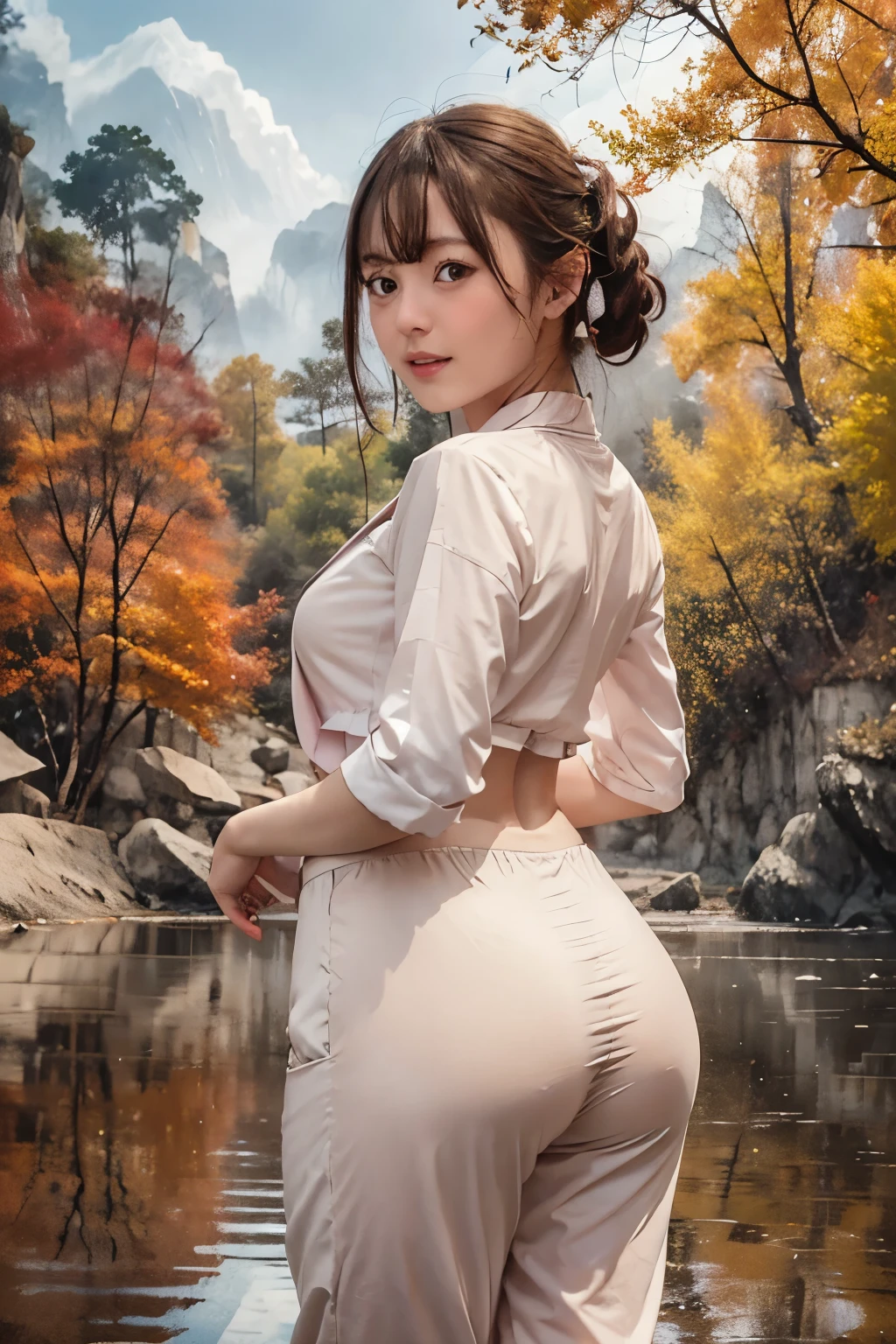 8k, raw photo, best quality, hires, realistic, photorealistic, extremely detailed 8k wallpaper, beautifully detailed eyes, finely detailed face, 
 break 
rim lighting, 
 break 
(golden glowing yellow gingko trees:1.2), shan, 
 break 
perfectly anatomically correct:1.1, 
 break 
1 female, kawaii:1.3, very short layered hair, 
(wearing sober colored neat cotton pant suit:1.1), 
cheerfully speaking "moh" with opening mouth:1.2, 
symmetrical clear eyes, chocolate color eyes with captivating reflections, 
[
symmetrical face line, stereographically , 
[chiseled face, round face, (rounded chin), [double eyelids, moderate eye bags, small eyes:1.0, wide-set eyes, tareme, almond-shaped eyes], 
slope lips, [thick lips], [small nose], [[embarrassed, blush], white skinned]], 
seventeen, 
]
(high tensioned creases form in clothing due to lifted beautiful ideal spherical shape medium soft buttocks upturned:1.0), 
[open legs widely], 
looking down viewer:1.0, 
 break 
sfw:1.0, 
 break 
from behind:1.0, from side:1.0, buttocks focus, [dynamic angle]