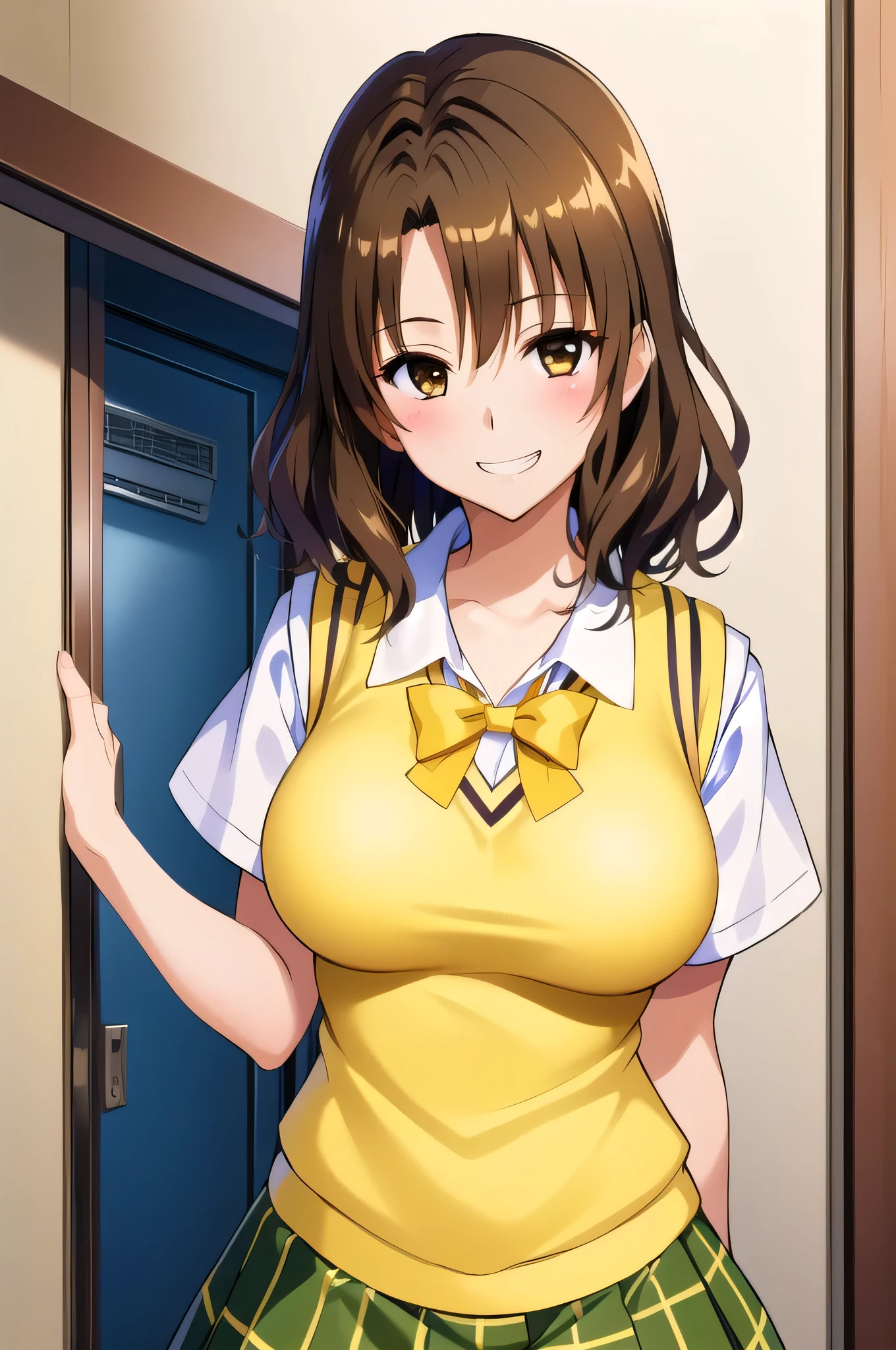  female anime images 、Anime Women、alone、Game CG flavor 、masterpiece、Best Quality、 Kampala 、Woman with short brown hair、Brown eyed woman、 Wave Hair 、Big Breasts、 very big breasts、Tall Woman、 clavicle 、 school uniform、 female high school students、Collared shirt、 white shirt 、Sweater vest、(Yellow vest:1.2)、Short sleeve、Green bow tie、 Plaid Skirt、 green skirt、 pleated skirt、White socks、 where the opening is 、A woman is standing、 cowboy shot 、Outdoor、 sexy vibe 、 perfect proportions、Grin、Female focus、looking at viewer、 don't mess around 、Enchanting Anime Women、Big Breasts!、Also、Naughty anime style、Naughty、 hyper realistic high school girl 、Big Breasts!!、