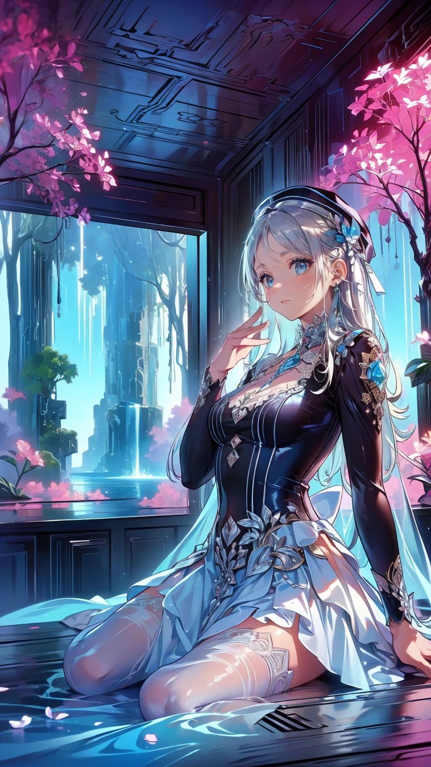 (masterpiece:1.2),(4K), high quality,   super high definition,(  perfect anatomy),( 1 girl),  It's a person  ,Silver long hair,  Beautiful Delicate Blue Eyes  ,  Faces smiling indoors   , Viewers,Long Sleeve Petal Collar Blouse  , White Newsboy Cap ,Tiered skirt,Unfairly Beautiful,Dreamy and romantic, Fantastic and Dreamy Theme ,  Mysterious Atmosphere  ,  Enchanting Dreams  ,   beautiful scenery   ,  Add dramatic and iconic elements to your scene,Near the waterfall