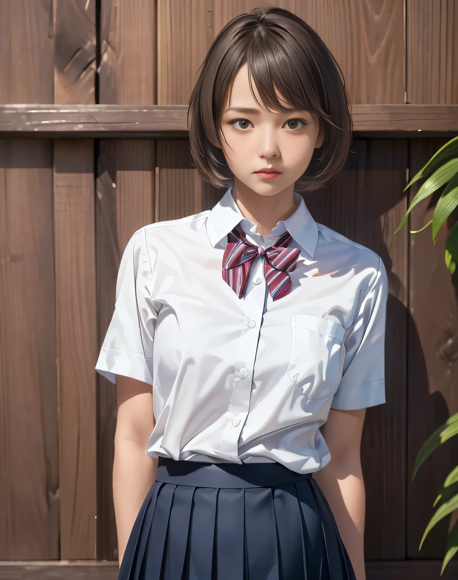(Realistic:2.0),(High resolution:1.5),(Mastepiece),(1 girl:1.5),(solo:1.5),(looking at the viewer),Small face,(small Breasts),(school uniform),bob hair,bangs,(pleats skirt:1.2),(white shirt),(Short sleeve),(Detailed eyes),(Accurate eyes),(Wide eyes),Sulk,Puff out cheeks,