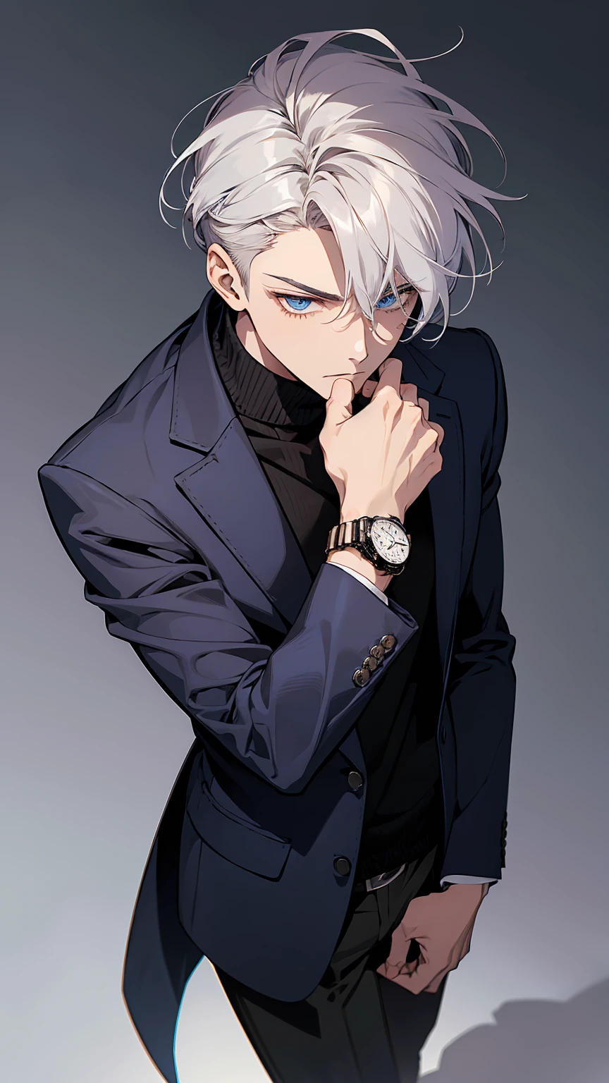 A young man in his early twenties with a composed, intellectual demeanor. He has neatly styled silver hair, longer on top with a soft wave, and shorter at the sides, framing his sharp facial features. His eyes are a cool shade of blue, carrying a calm and calculating expression that contrasts with his twin’s fiercer look. Kensuke wears a dark, fitted blazer over a turtleneck sweater, paired with simple accessories like a watch and a subtle ring, giving him a refined yet slightly edgy appearance. His posture is relaxed, hands in his pockets, exuding quiet confidence and a thoughtful, observant aura.