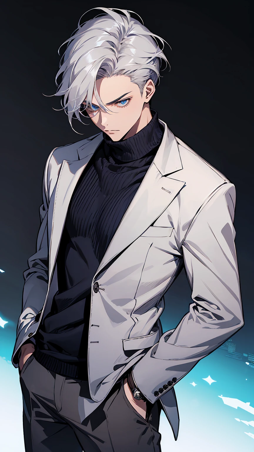 A young man in his early twenties with a composed, intellectual demeanor. He has neatly styled silver hair, longer on top with a soft wave, and shorter at the sides, framing his sharp facial features. His eyes are a cool shade of blue, carrying a calm and calculating expression that contrasts with his twin’s fiercer look. Kensuke wears a dark, fitted blazer over a turtleneck sweater, paired with simple accessories like a watch and a subtle ring, giving him a refined yet slightly edgy appearance. His posture is relaxed, hands in his pockets, exuding quiet confidence and a thoughtful, observant aura.