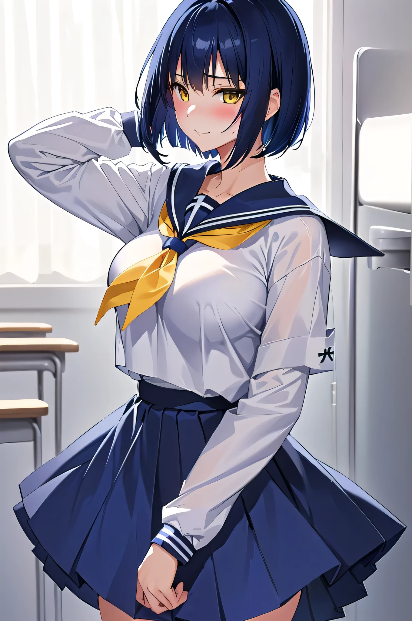 Anime Women、Alone、Game CG flavor 、masterpiece、Best Quality、 Kampala、Woman with short dark blue hair、Yellow Eyes、 bob cut、Scarface、Big Breasts、 woman with very large breasts 、Tall Woman、clavicle、 school uniform、 female high school students、Sailor suit、 white shirt 、Navy blue sailor collar、 medium penis 、 Long Sleeve 、Navy Blue Skirt、 pleated skirt、Navy blue socks、 is closing its mouth 、A woman is standing、School classroom、 cool vibe 、Nihilistic laughter、 cowboy shot 、 perfect proportions、Female focus、looking at viewer、! 4K、a hyperRealistic school girl、Realistic school girl、hyperRealistic school girl、