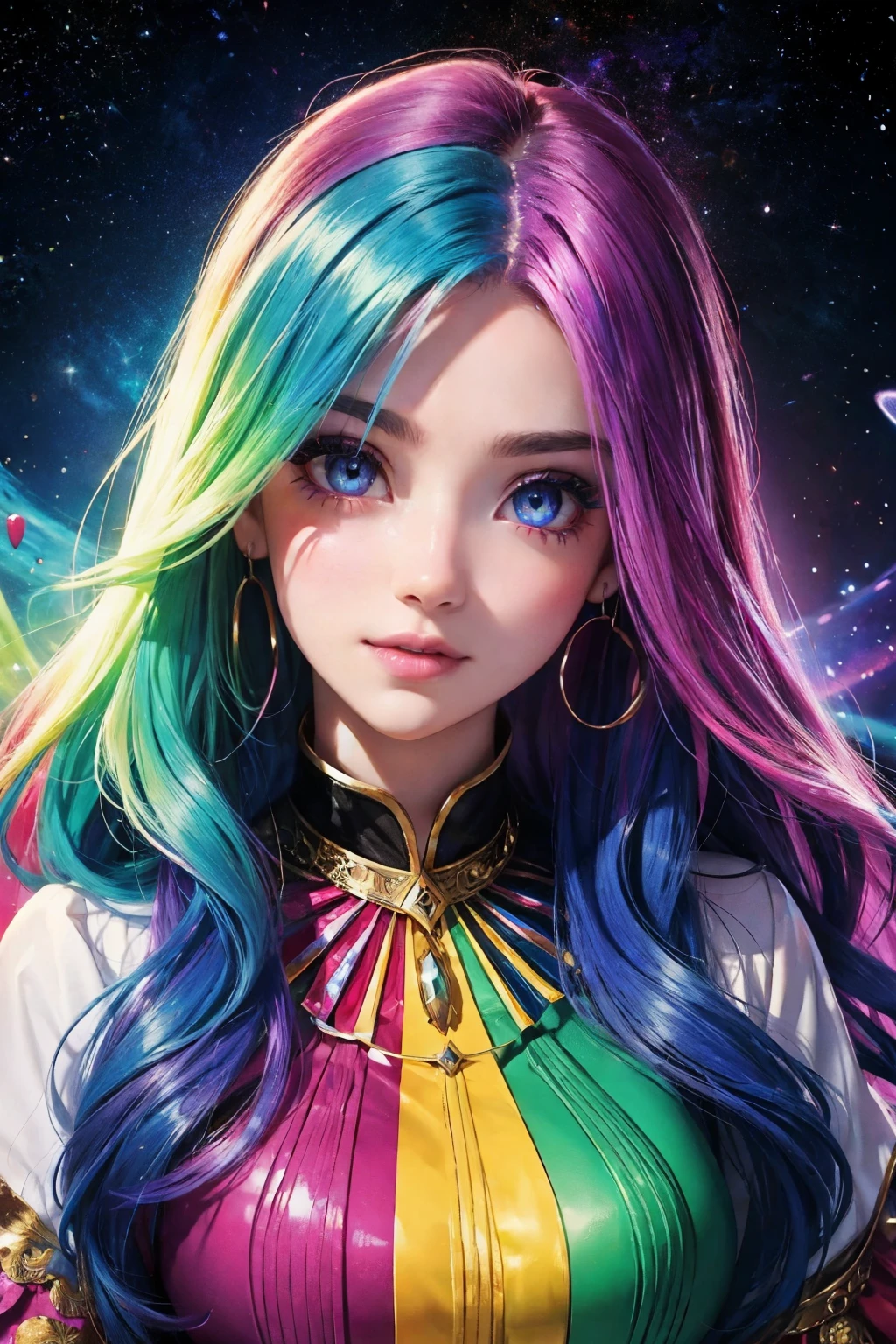 (This is a beautiful fantasy image that feels interesting.) Generate a pretty magical (((blind))) woman with colorful curly hair and detailed galaxy eyes. Her face is important should be perfectly formed with puffy lips and perfect features. (Her eyes are important and are shimmering and ((colorful)) with bright, glittering details.) Her clothing is colorful and has all the colors of the rainbow, giving the appearance of a rainbow. Utilize dynamic composition to create a compelling and interesting image that appeals to viewers. She has an unmarked face. Use dramatic lighting and cinematic lighting to enhance the overall quality of the image. Fantasy, cute, colorful, compelling, energetic, (smirking), ((colorful eyes)), (((galaxy eyes))), ((multi colors eyes)), (tri colors eyes), (tie dye eyes)
