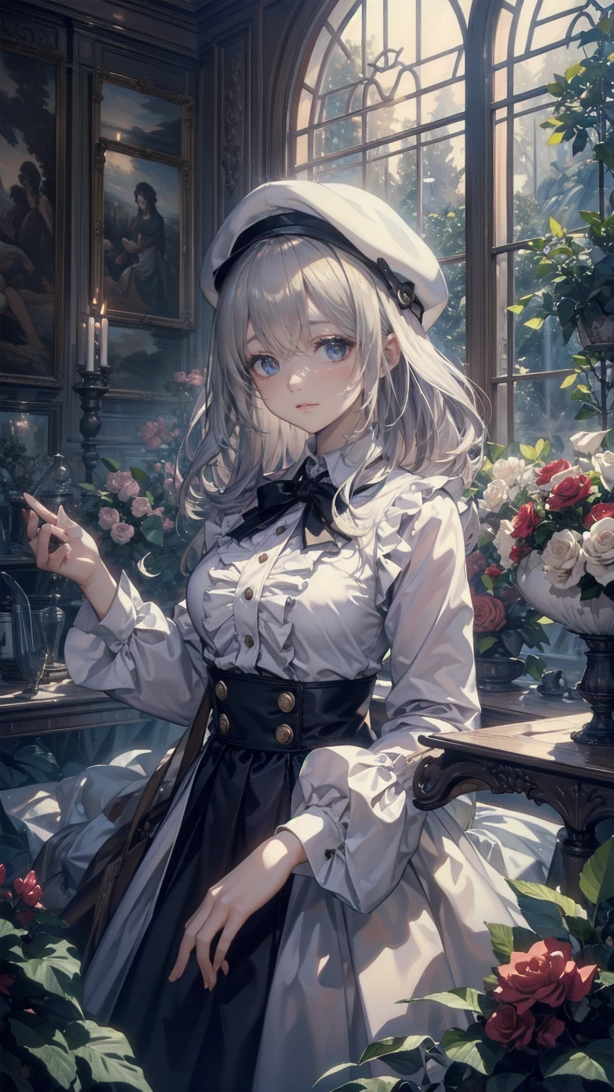 (masterpiece:1.2),(4K), high quality,  super high definition,(  perfect anatomy),( 1 girl), It's a person  ,Silver long hair,  Beautiful Delicate Blue Eyes  , Faces smiling indoors  , Viewers,Long Sleeve Petal Collar Blouse  , White Newsboy Cap ,Tiered skirt,Unfairly Beautiful,Dreamy and romantic, Fantastic and Dreamy Theme ,  Mysterious Atmosphere  ,  Enchanting Dreams  ,  beautiful scenery  , Add dramatic and iconic elements to your scene,Near the waterfall
