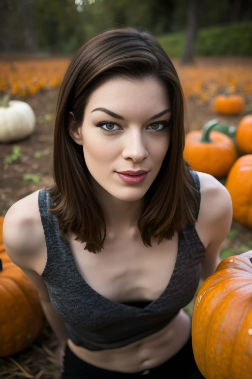 Stoya surrounded by pumpkins, (stoya-v2)beautiful, ((Detailed face:1.1, Detailed eyes, Beautiful Detailed Lips , Beautiful Skin)), Long brown hair, Bright smile, Looking up, tank top, midriff , ((pumpkin , Sit on pumpkin)), Pumpkin patch background, (Best Quality:1.2, very detailed, super high definition, high contrast , masterpiece:1.2, Best aesthetics), Cinematic lighting, Dramatic Shadows, 