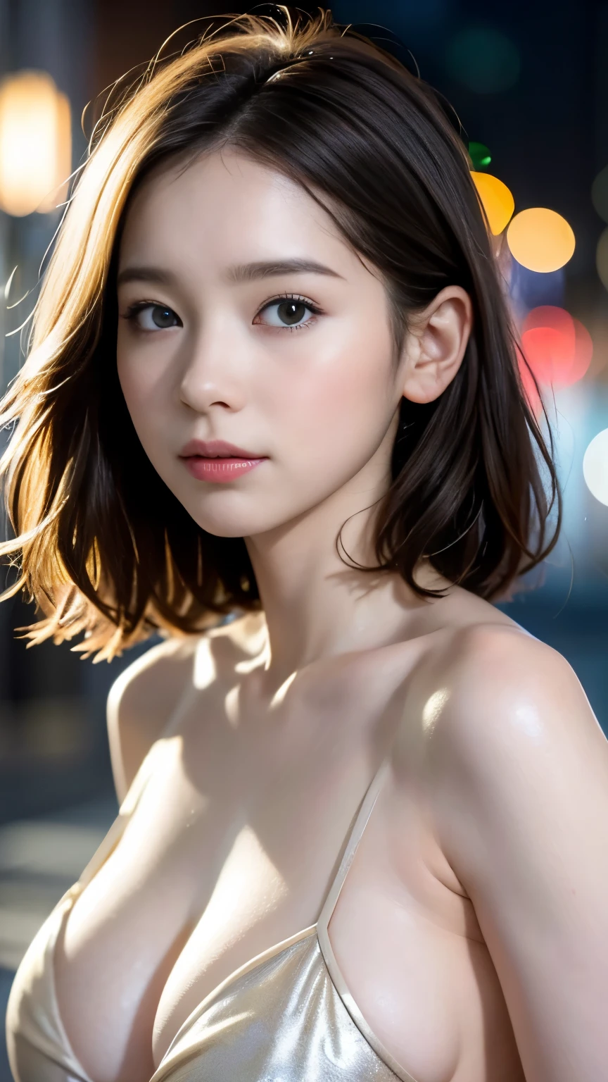 Random Poses , Mix 4, (8k, RAW photo, Best Quality, masterpiece: 1.45), (Realistic, photoRealistic: 1.37), one girl, cute, cityscape, Knight , rain, Wet, professional lighting at a photo session, photon mapping, radiosity , Physically Based Rendering , gradient dark hair , Gray Hair, Short Curly Hair, Cool, girl, deep v neckline slip dress, Pale skin, Best Qualityの写真, Kampala, 1080P, (Beautiful Skin), ( Detailed Face Description ), (Detailed hand description), (masterpiece), (Exquisite CGI), Extreme light and shadow, unkempt hair, Masterpiece, Rich details, (Beautiful Face), (Best Qualityの写真), (masterpiece), (Fine grain), Look in front of you , Thin clavicle, (Big Breasts:1.4),