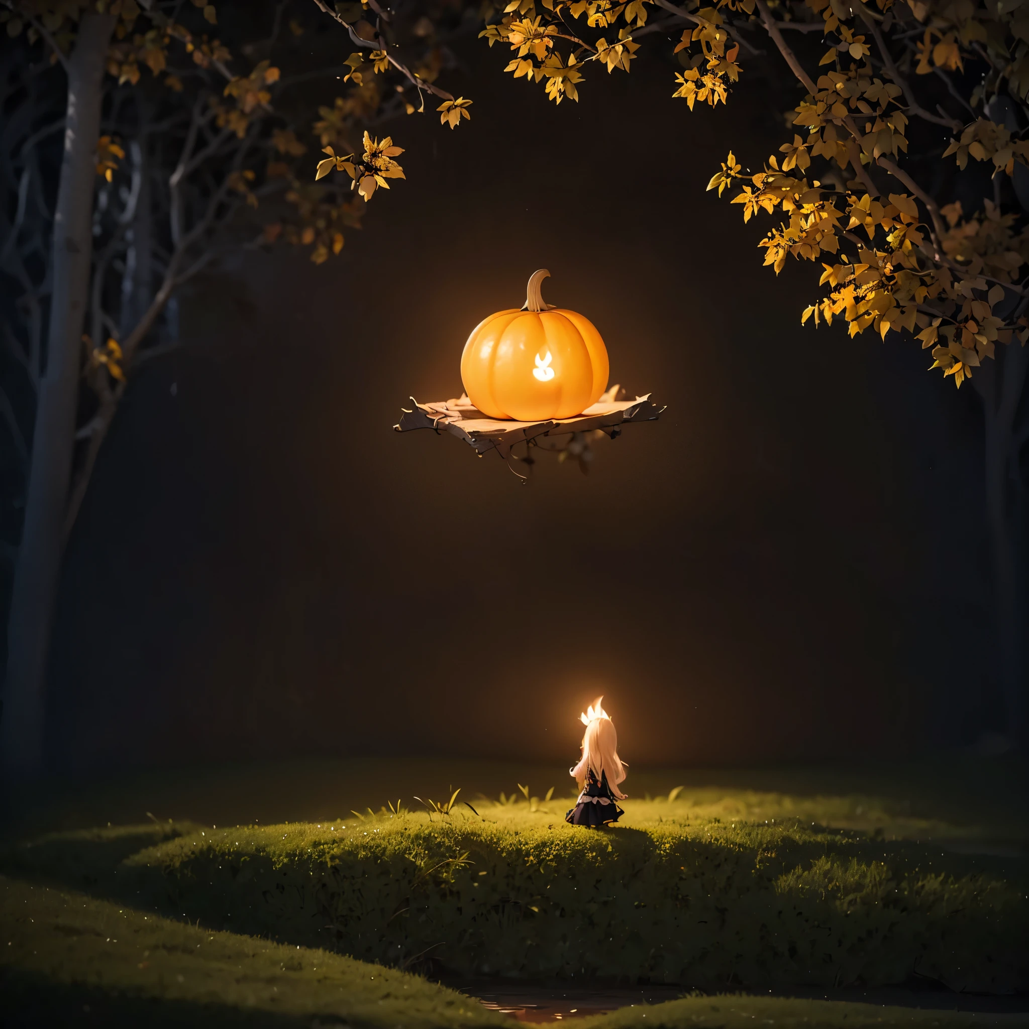 a young female witch in a dark forest, pumpkin lanterns, haunting atmosphere, highly detailed, photorealistic, dramatic lighting, moody colors, fantasy art, cinematic, magical, mystical, dramatic shadows, enchanting, atmospheric, eerie, supernatural, spooky, autumnal colors, pumpkins, jack-o-lanterns, moonlight, fog, mist, woods, trees, nature, Halloween, occult, witchcraft,Close-up,Chibi,