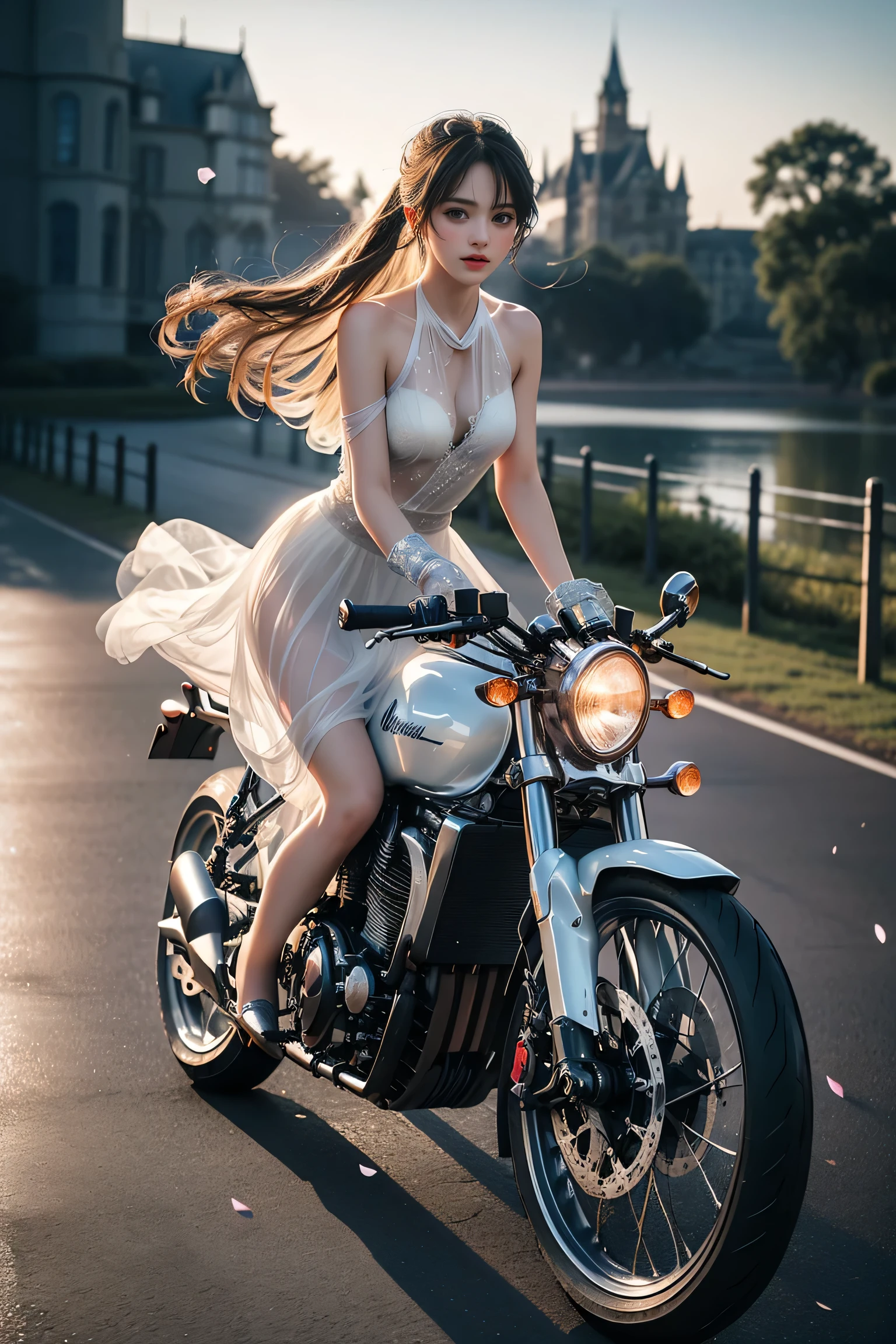 (( girl riding a racing bike in lakeside park))、Fluorescent color、 one girl 、Look to the side、Beautiful Face、 beautiful eyes、(Big Blue Eyes)、( Silver Dull Eyes )、 (Her body lines are clear due to strong winds ）、Shiny Hair、Glowing Skin、Glare Reduction 、 Finger Proportion Adjustment 、Escrow、Bat View、（silhouette）、 dynamic angles 、Master Parts、（Best Quality クオリティ）、（Super detailed）、(There is a sense of speed),（Illustration）、（Detailed light）、（ very delicate and beautiful）、 Dramatic Shadows 、( racing cars on racing、 riding a motorcycle )、reflection、超 Kampala、（Master Parts）、（Super detailed）、（Illustration）、（Detailed light）、（ very delicate and beautiful）、 Dramatic Shadows 、 ray tracing、reflection、超 Kampala  Kampala、（Master Parts）、（Best Quality）、（Ultra HD）、 Kampala、（ Colorful Hair and Mesh ）、( hair fluttering in the wind)、（big、 Blue Eyes）、Silver Hair、Hair woman、Sparkling butterfly、 Sparkling Petals 、黒Hair woman、Point of Light。Magical Aura、Green dot、The true nature of aura、Magical Aura黒Hair woman、(( Translucent White One Shoulder Dress：1. 3）、（ sleeveless）、（ Skirt Flutters in the Wind ）、（(Running on a motorbike )）（Petals are dancing）、（ White Panties Visible ）、（ Full Body Shot ）、slim、（Long legs）、（High heels）、(A girl riding an antique bicycle in the lakeside park with a hazy European castle in the background )