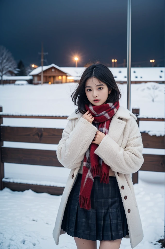 high quality, masterpiece,  super high resolution , (Realistic:1.4), Original photo, 1 Girl,  Japanese，Black Hair、Moody Tone, （ high contrast）、Hair swaying in the wind、Beautiful woman，２0 years old、whole bodyショット、 flared skirt 、 knee-length skirt 、cold、winter，Snow Scene，Snowfall，whitish fluffy coat， Red Check Wool Scarf ，Place your hands on your chest、Detailed depiction of the hand、 short hair、whole body、Red checked scarf、Don&#39;t look at me、Looking into the distance、（profile）、Asahi、sunlight、Light and Dark