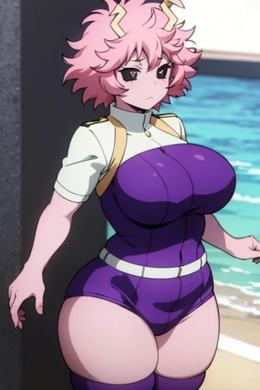 1 girl, mina ashido,  Big breasts, plump, thick stockings,  big butt,  thin body, playa, Sunny day.