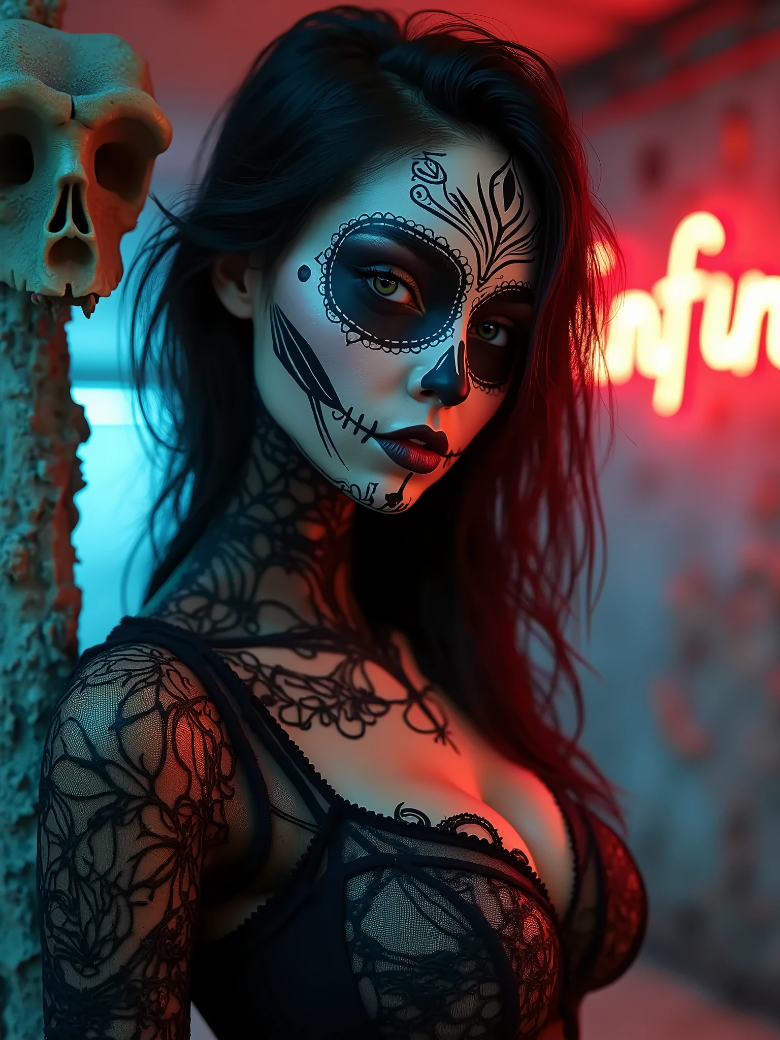 beautiful alluring jenna ortega, tan skin, skeleton bodypaint, day of the dead bodypaint, mexican sugar skull makeup, mexican themed ornaments, night time, dya of the dead theme, Ominous Gothic Theme, Fiverr Dnd Character, Octane Render, Digital Art, Extreme Detail, 4k, Ultra Hd, Polished, Beautiful, Hyperdetailed, Intricate, Elaborate, Meticulous, Photorealistic, Sharp Focus, Wlop, Character Design, Unreal Engine, 3d Rendered, Volumetric Lighting, Reflections, Glossy, Digital Illustration, Sensual Pose, Suggestive Pose, Lewd, Full Body Shot, anatomically correct, naked, visible , puffy , small perky breasts 💖❤💕💋❣