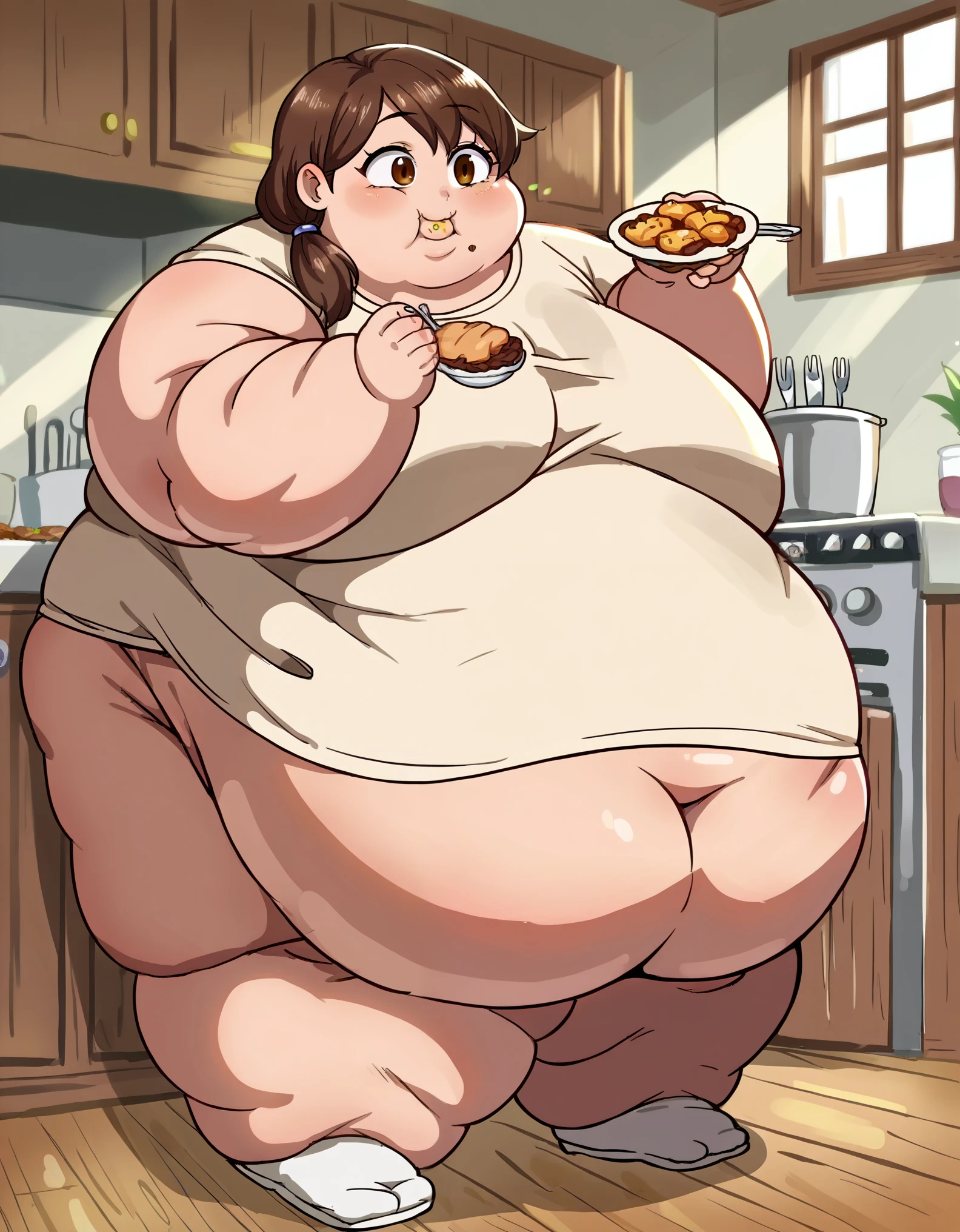 score_8_up, source_anime, anime screencap, 1mature_female, fat, chubby, obese, brown hair, brown eyes, low ponytail, smile, 1girl, ****, kitchen, eating 