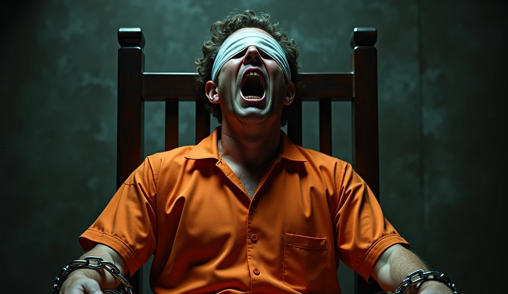 Create a man in the electric chair crying in orange prison clothes, thick chains on the neck tied to the chair by the hands with very thick chains and blindfold