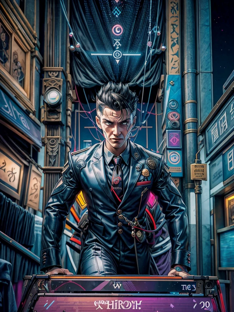 Tarot cards, symbols of constructio, masonry symbols, , cyberpunk:1.8,  attack, haker, hacking device, ultra short hair:1.9, 1man, goatee, major, formal suit, tie, , eletronic circutry in background, dark blue dress, fancy red tie, neon tie clip, cables and connectors, futuristic city, neon light, a card shaped hi tech device on  his hand, giving a beneditcion, hyeratic pose, raised hand, a pen on the other, "major" as tarot card title