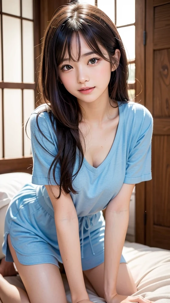 Best-quality, Masterpiece, Ultra-High-Resolution, (Photorealistic:1.4), Raw-Photo, 64K, depth of field, professional lighting, perfect anatomy, extremely details, 1girl, 15-years-old, the most famous Japanese idol, cowboy shot, ((sitting on bed at hospital, wearing only hospital gown)), ((extremely cute face like the most popular Japanese idol, ((extremely cute and extremely big eyes)), extremely beautiful hair)), extremely beautiful skins, extremely cute lips, extremely cute long-eyelashes, extremely childish body, looking at viewer, innocent smile, detailed hospital