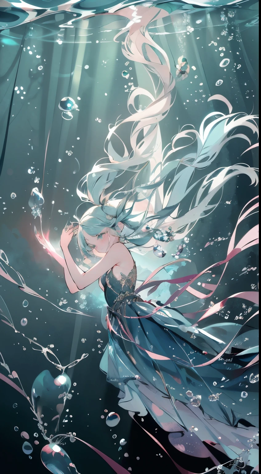 Masterpiece, best quality, high quality, Angle from above, High angle, wide shot, looking up:1.2, 1girl, (((floating girl))), curled up position, swims at the deep sea, (((deep sea))), (((underwater))), (((full body))), flowing hair, floating hair, blue green hair, super long hair, super long twin tails, blue green eyes, glowing eyes, (aurora), long eyelashes, (((sad, tearful, crying))), fantasy color, color light and shadow rendering, moist lips, (((black short dress, sleeveless dress))), barefoot, dazzling background, light pillars, rays, rich colors, dreamy, stardust, noble, elegant, ((creative, extremely high-quality pictures, pure)))), ((aurora, giant crystal, magic ray, rich colors, Tyndall effect))), dazzling, dreamy, dynamic, super detail, 8k, magnificent, epic composition, intricate details, Unreal Engine, Full Body Image, bubble, fish, jellyfish, beam of light, mystical, fantastical, Undersea, [Full Body Portrait] Atmosphere, Correct Proportions, Delicate Beauty (Extreme Detail, Delicate Facial Features Portrayal, Delicate Hair Depiction, Delicate Eye Depiction), (extremely delicate CG) seabed, bubbles, Volumetric Lighting, Best Shadows, Shallow Depth of Field, Portrait Of Stunningly Beautiful Girl, Delicate Beautiful Attractive Face With Alluring Eyes, fine detailed eyes, highly detailed fine art, (finely detailed beautiful eyes and detailed face), delicate depiction of facial features, (Highest Quality, Amazing Details:1.25), (Solo:1.3), Brilliant Colorful Paintings, (Aesthetic), (Beautiful), (professional angle), (Feminine), (Woman), (Female), (Beautiful), (Feminine features), (16-years old), Solo, 1 woman, Dramatic light, Beautiful hands, Two hands, normal hands, Two arms, complete hands, Beautiful body, Beautiful fingers, normal fingers, Five Fingers, Beautiful ears, normal ears, Beautiful mouth, Beautiful lips
