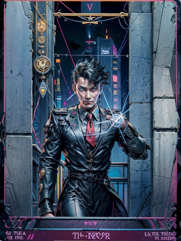 Tarot cards, symbols of constructio, masonry symbols, , cyberpunk:1.8,  attack, haker, hacking device, ultra short hair:1.9, 1man, goatee, major, formal suit, tie, , eletronic circutry in background, dark blue dress, fancy red tie, neon tie clip, cables and connectors, futuristic city, neon light, a card shaped hi tech device on  his hand, giving a beneditcion, hyeratic pose, raised hand, a pen on the other, "major" as tarot card title