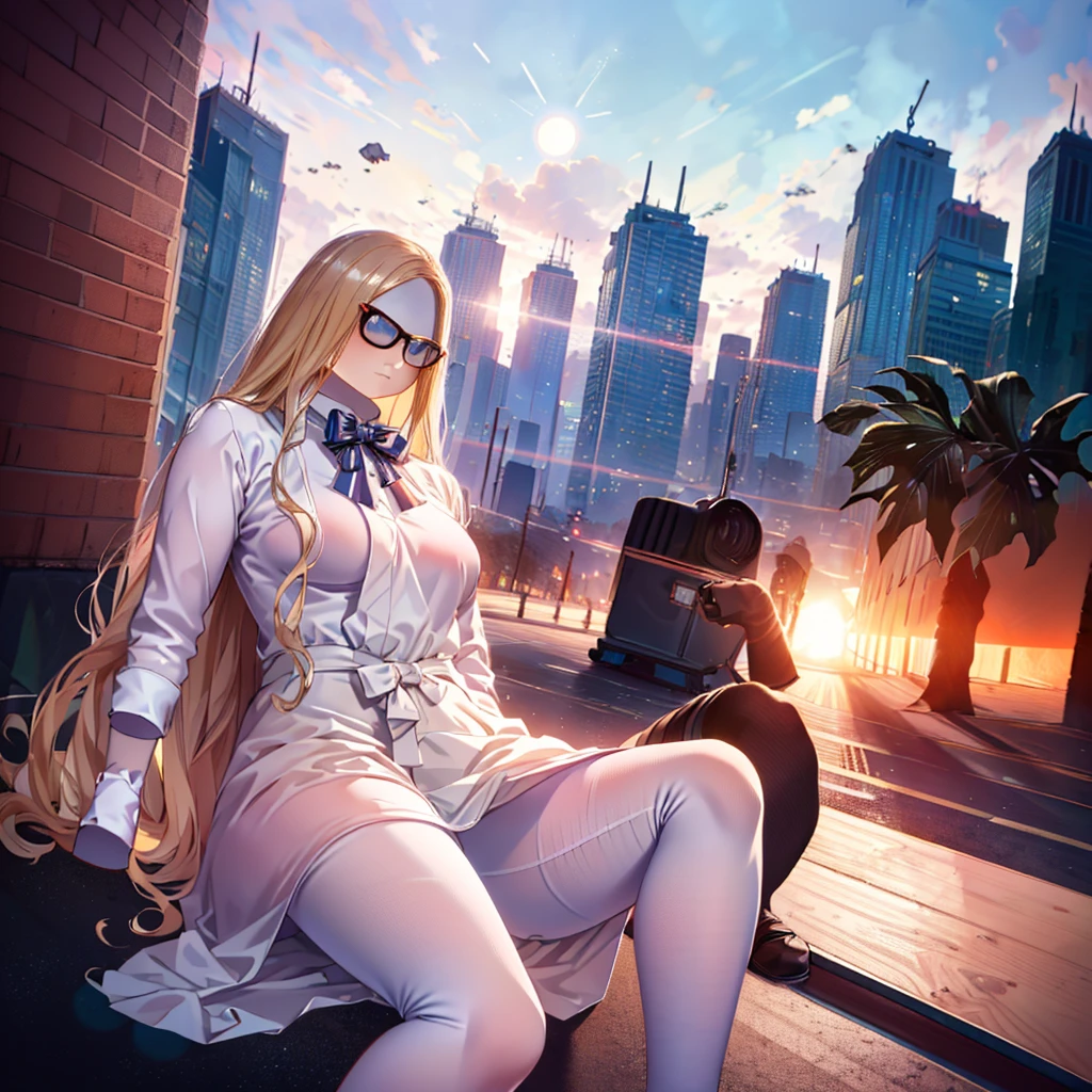 in city, white leggings, M3GAN 1girl, solo, beige dress, striped sleeves, big bowtie, multicolored bowtie, white pantyhose, shoes, M3gan, flesh color dress, (invisible, no humans, headless, handless, faceless:1.5), cute big breasts, (cute pose), (8k, RAW photo, best quality, masterpiece:1.2), (realistic, photo-realistic:1.37), photon mapping, radiosity, ((Hasselblad photography)), physically-based rendering