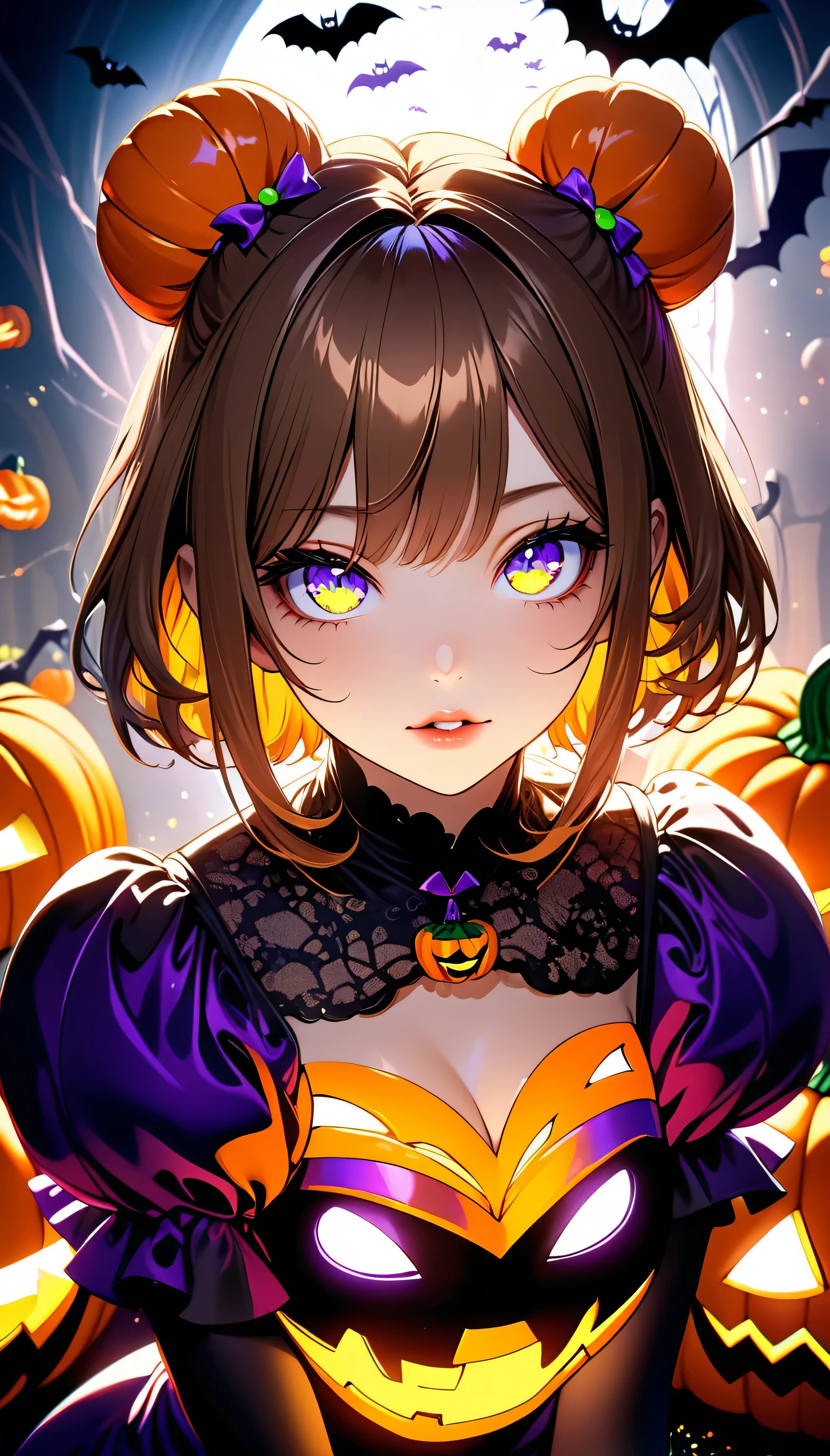 (beautiful girl:1.3),masterpiece,Please redeem,Ultra-high resolution,rich contrast,Very high quality,8k,Highly detailed CG unit wallpaper,Texture,So ridiculous,RAW Photos,Highest quality anime,Depth of written boundary 1.2,ultra-detailed eyes,Glowing Skin,Glitter Effect,Beautiful glossy lips,(double pumpkinbuns,Brown Hair),( Halloween ),Looks like she&#39;s about 15,ROUGH,(The tip of the skirt is equipped with a round light that emits yellow light).big and round butt,girl　Alone, fantastic,(from behind:2.0),(smile, closed mouth),SDXL