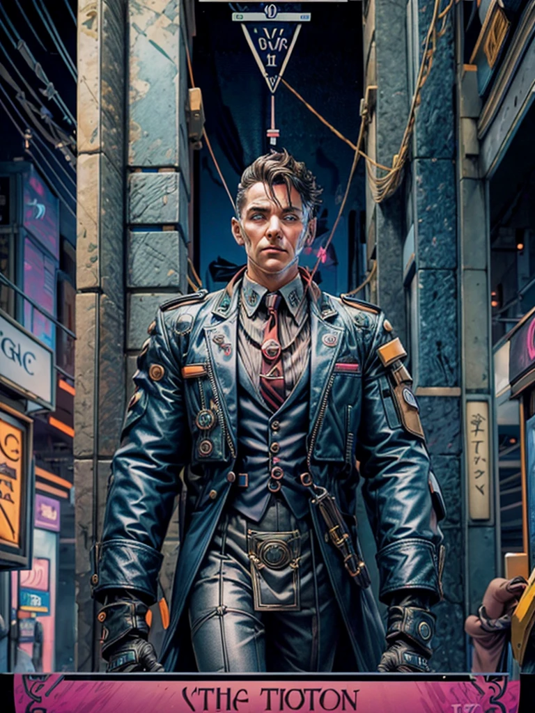 Tarot cards, symbols of constructio, masonry symbols, , cyberpunk:1.8,  attack, haker, hacking device, ultra short hair:1.9, 1man, goatee, major, formal suit, tie, , eletronic circutry in background, dark blue dress, fancy red tie, neon tie clip, cables and connectors, futuristic city, neon light, a card shaped hi tech device on  his hand, giving a beneditcion, hyeratic pose, raised hand, a pen on the other, "major" as tarot card title