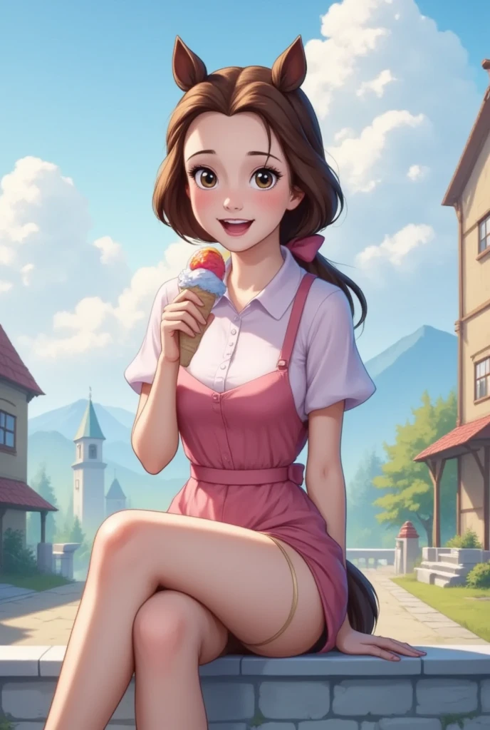 masterpiece,best quality, 1girl,solo,haru urara,overalls,overall shorts,flower-shaped pupils,loli,pink shirt,holding ice cream,(horse tail:0.6),smile,open mouth,cloudy, 