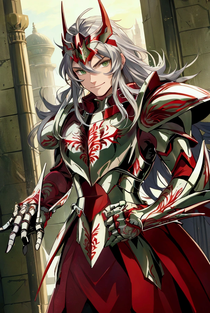 long hair, green eyes, red hair,a man, smile,  silver armor 