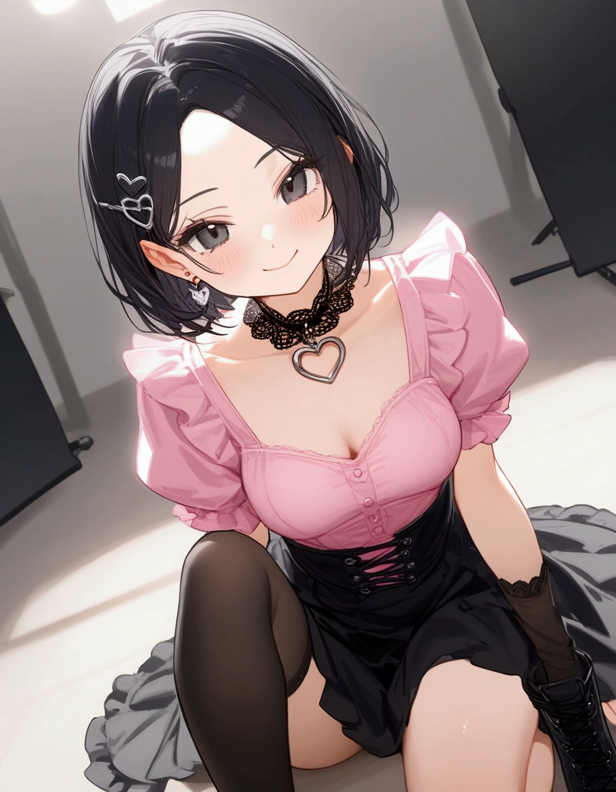 (best quality), (beautiful), (masterpiece), petite girl, solo, black short hair, bob cut, (forehead), (hairpin in center parted bangs), black eyes, slender body, medium hip, mischievous smile, upper body above the knees, sitting on the floor, free pose
BREAK
Gothic ****ta fashion, collarbone, lace collar, {heart O-ring}, heart ring, {puff sleeve blouse}, pink blouse, short sleeves, high waist flared skirt, black skirt, black socks with lace trim, platform lace up boots, earrings, shooting studio, free angle, 