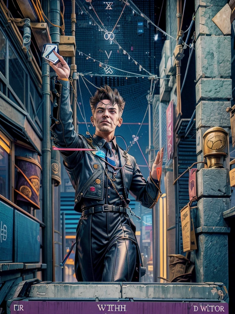 Tarot cards, symbols of constructio, masonry symbols, , cyberpunk:1.8,  attack, haker, hacking device, ultra short hair:1.9, 1man, goatee, major, formal suit, tie, , eletronic circutry in background, dark blue dress, fancy red tie, neon tie clip, cables and connectors, futuristic city, neon light, a card shaped hi tech device on  his hand, giving a beneditcion, hyeratic pose, raised hand, a pen on the other, "major" as tarot card title